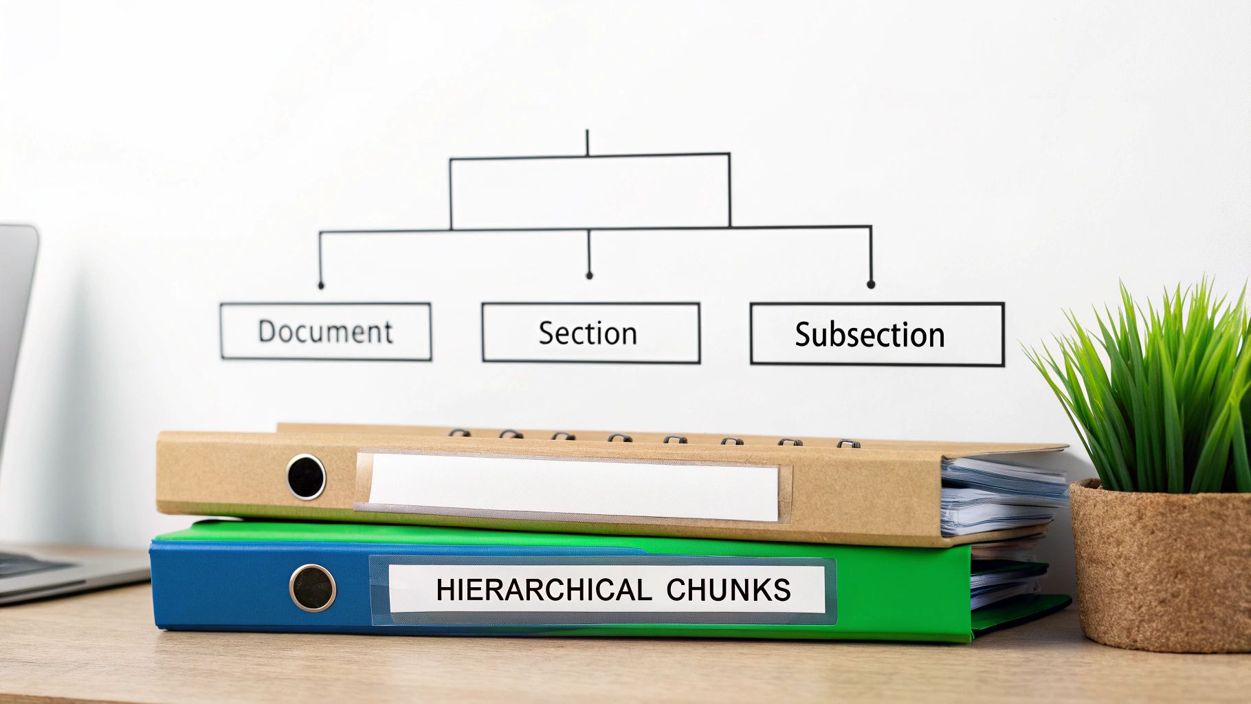 Desk with binders labeled 'HIERARCHICAL CHUNKS' and a chart depicting document, section, and subsection hierarchy.