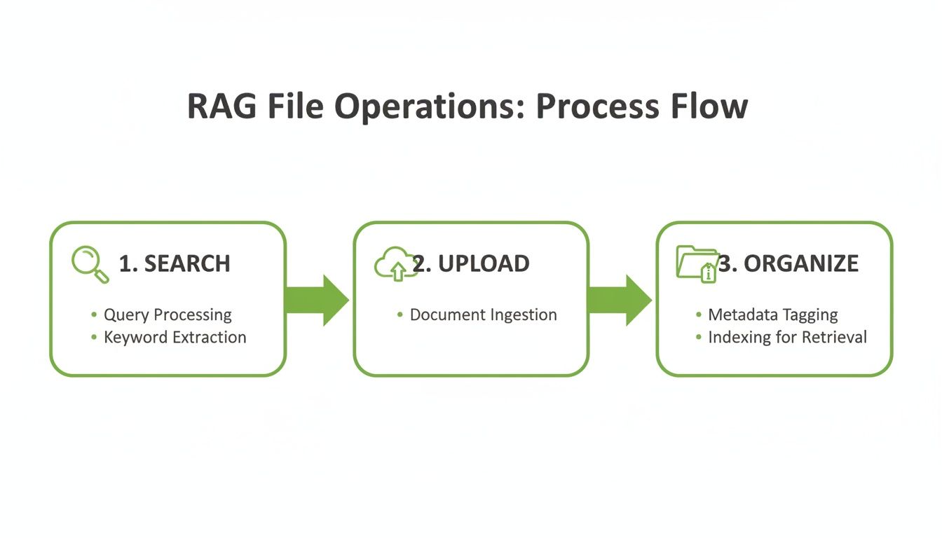 A process flow diagram illustrating RAG file operations: Search, Upload, and Organize steps.
