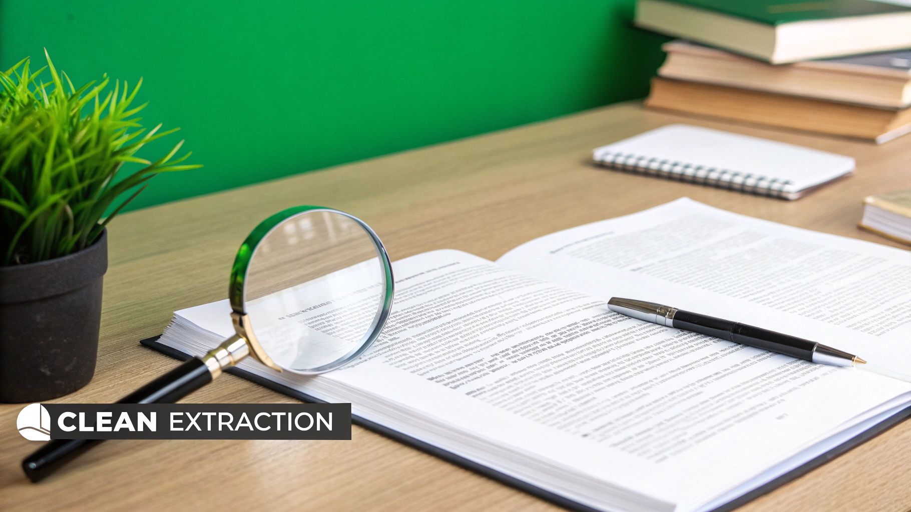 A desk with an open book, magnifying glass, pen, and plant, suggesting document review.