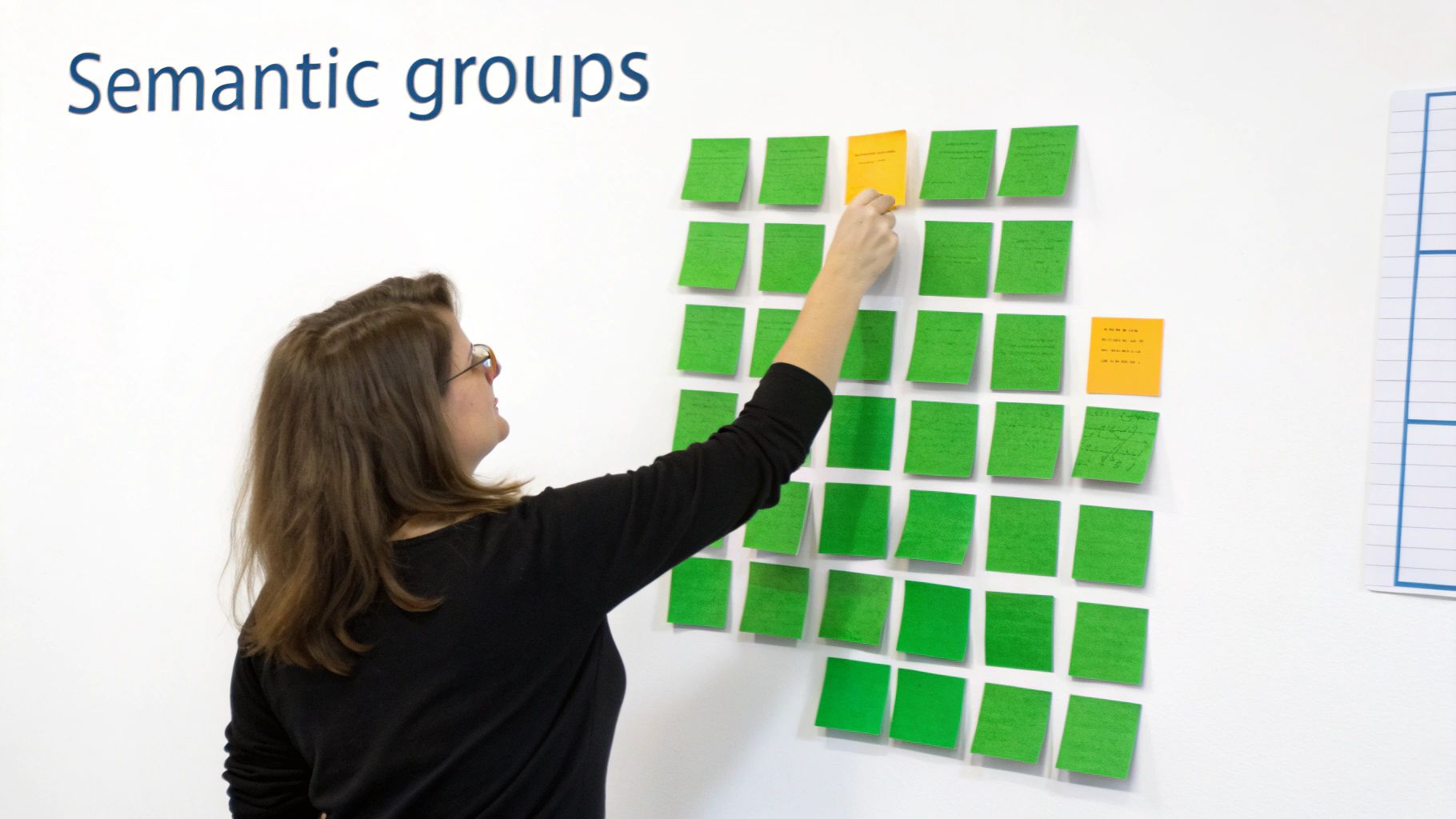 A person places an orange sticky note on a white board filled with green notes, near text 'Semantic groups'.