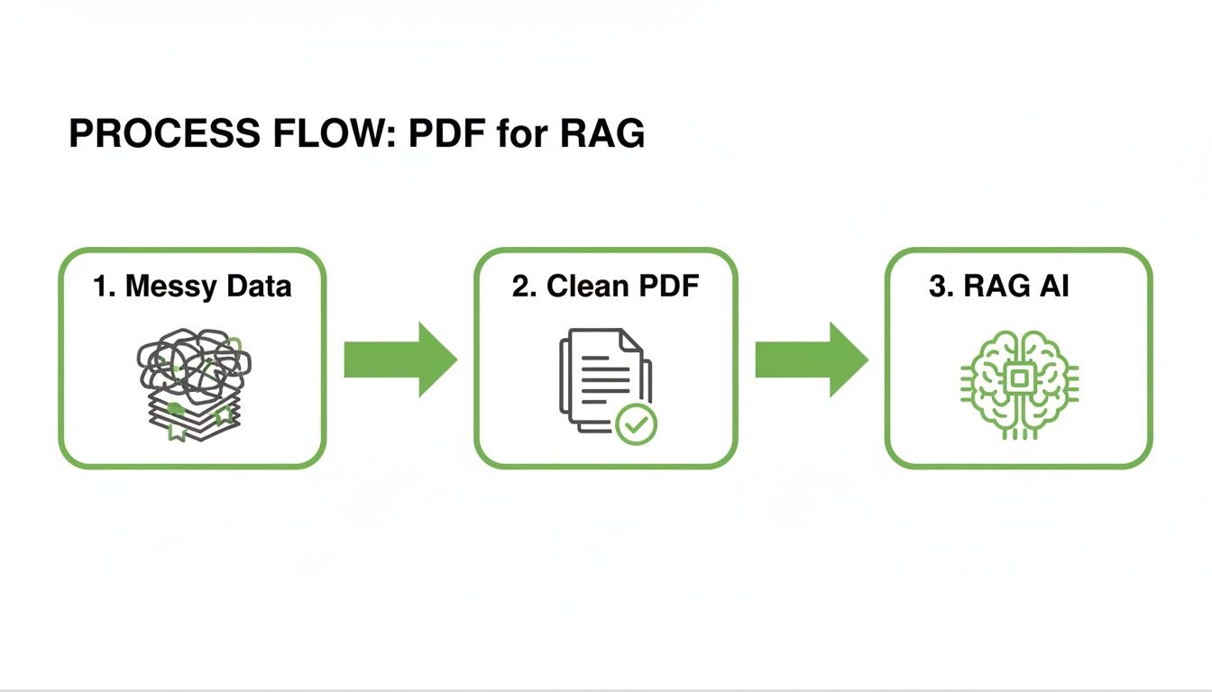 A process flow diagram illustrating the steps from messy data to clean PDF for RAG AI.