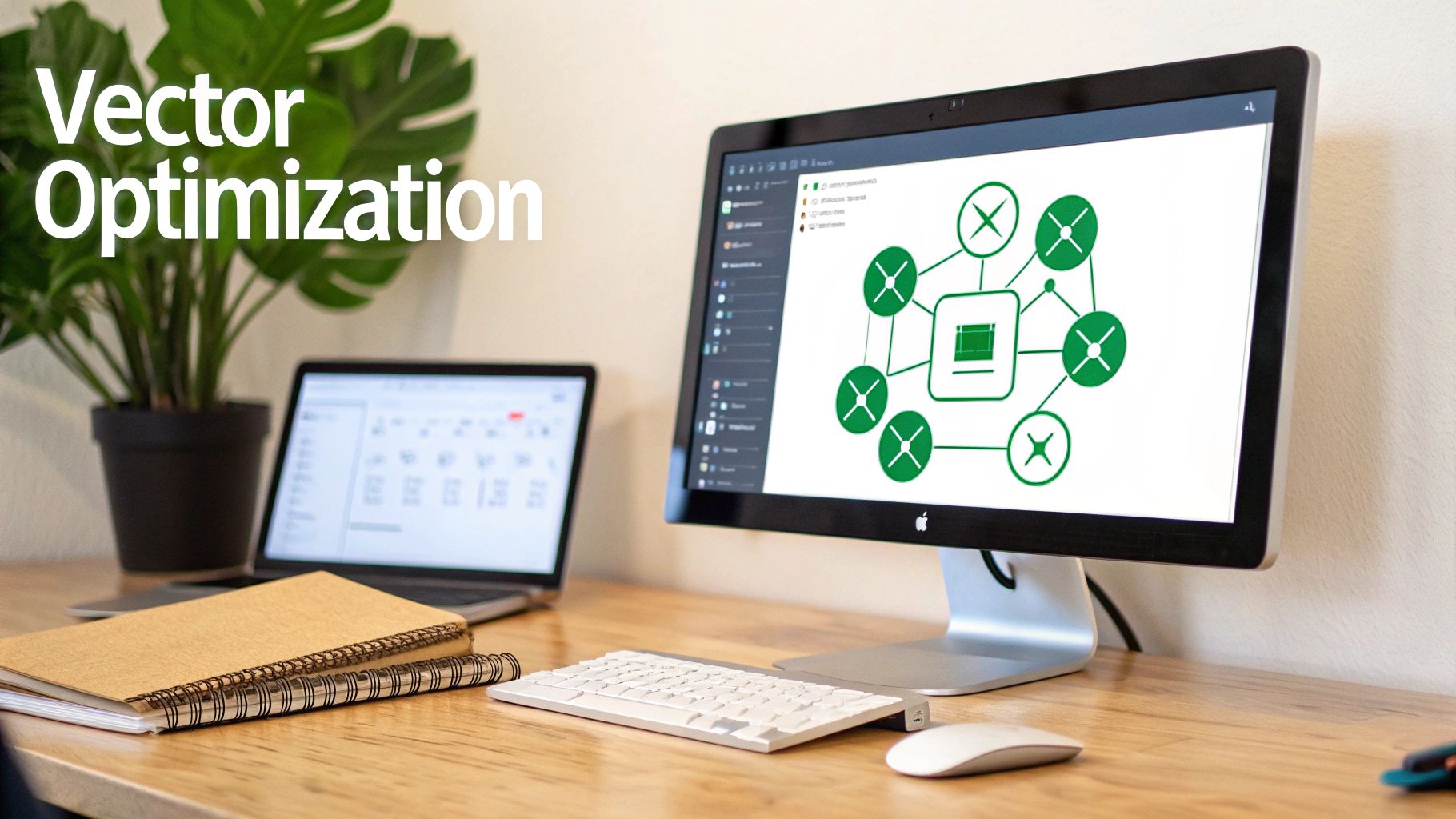A clean workspace with computers displaying a vector optimization network diagram and notebooks.