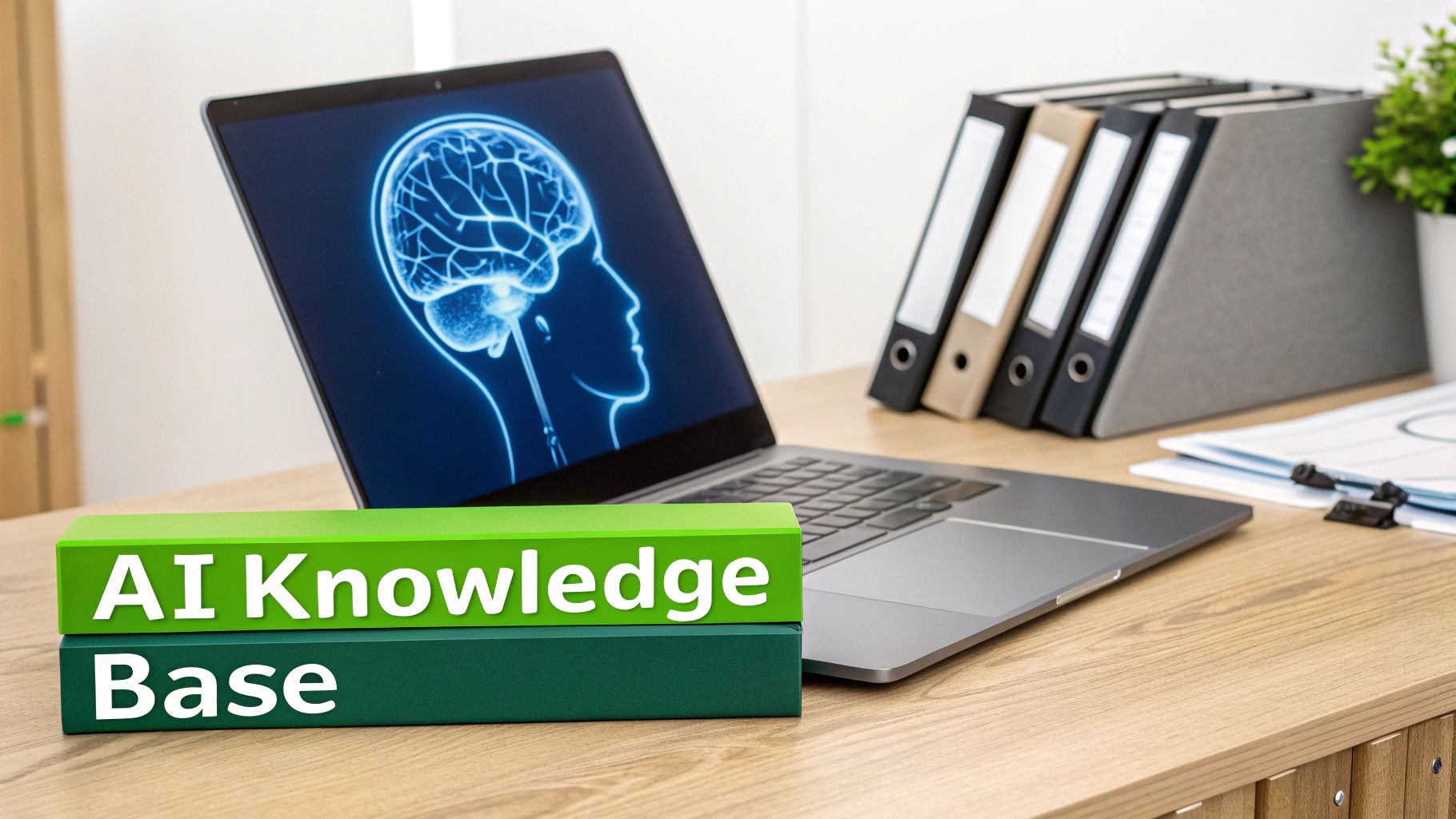 Books labeled 'AI Knowledge Base' on a desk with a laptop showing a glowing brain image, symbolizing intelligence and information.