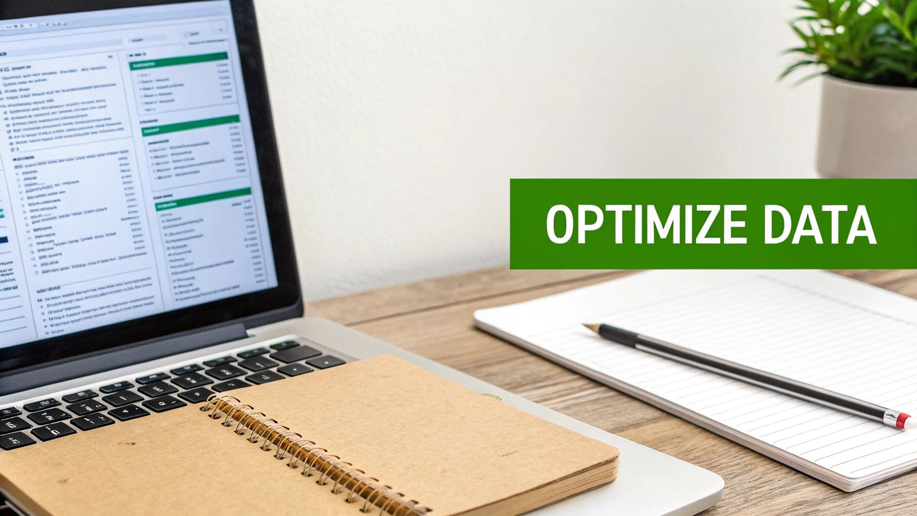 A laptop displaying data on its screen, with a notebook, pen, and an 'OPTIMIZE DATA' banner.