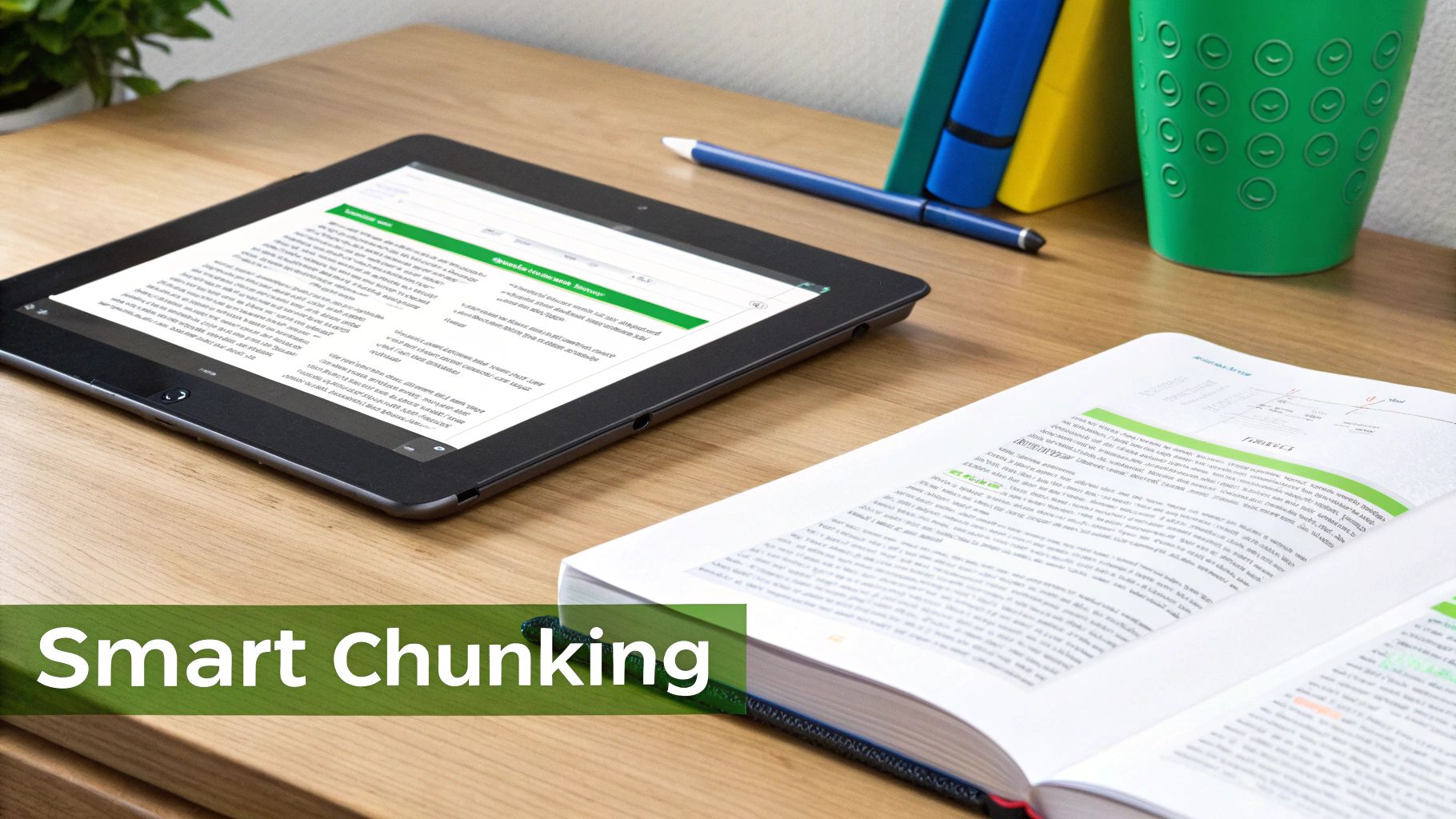 Digital and print materials on a wooden desk, featuring a tablet and an open textbook.