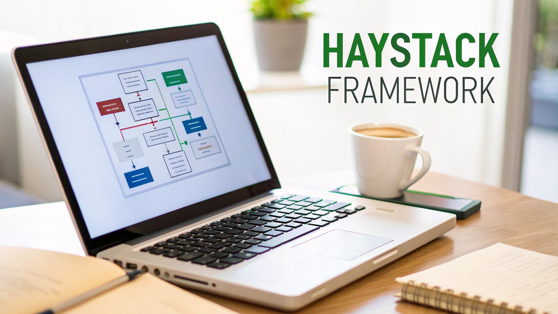 A laptop on a wooden desk displaying a complex flowchart, with 'HAYSTACK FRAMEWORK' text, coffee, and a notebook.