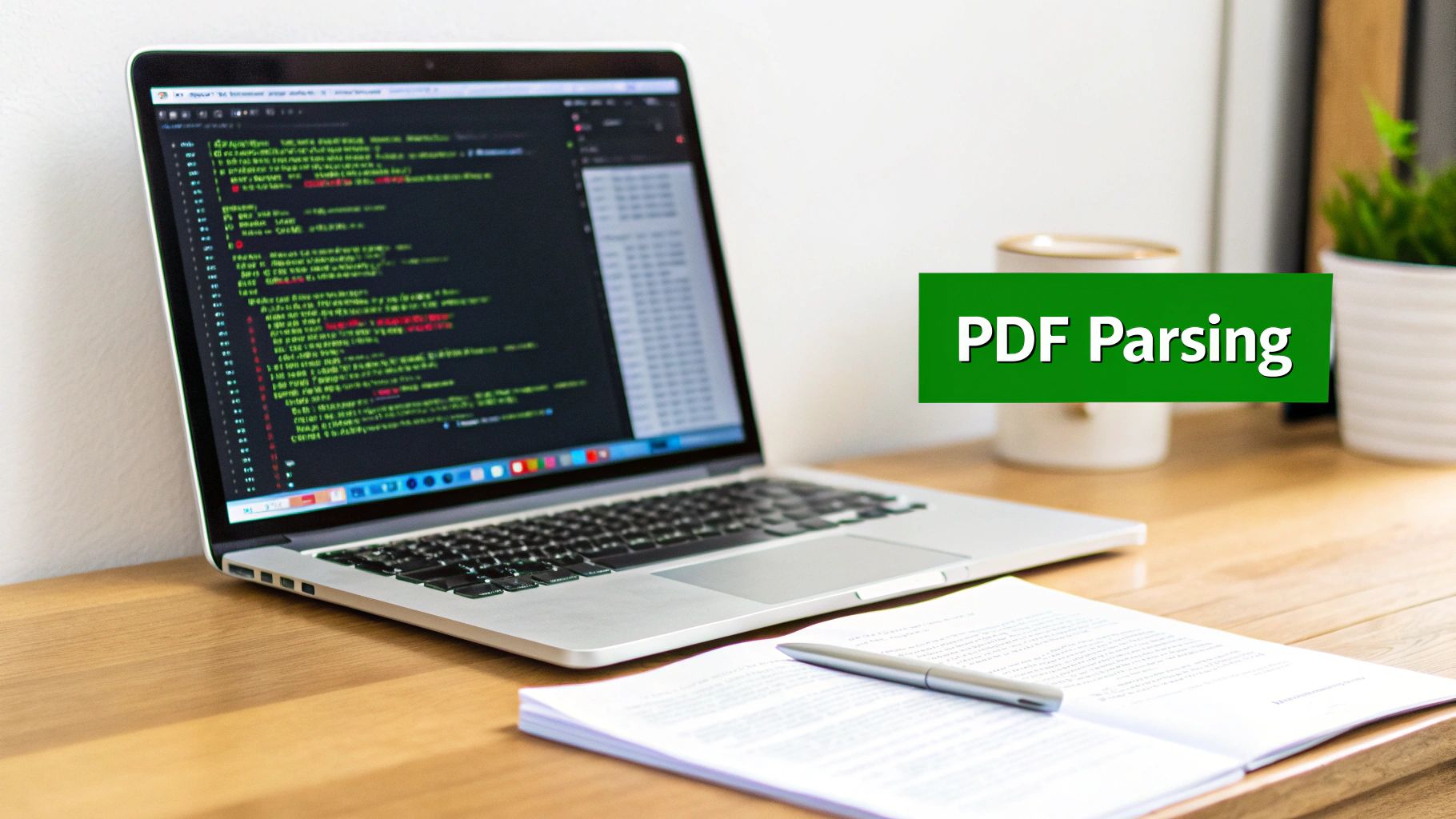 A developer's workspace featuring a laptop displaying code, a document with a pen, and text "PDF Parsing".