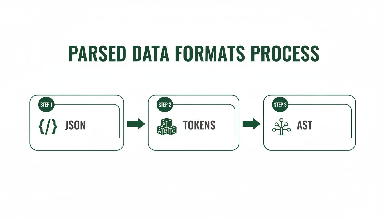 A diagram illustrates the parsed data formats process, showing the conversion of JSON to Tokens and then to an Abstract Syntax Tree (AST).