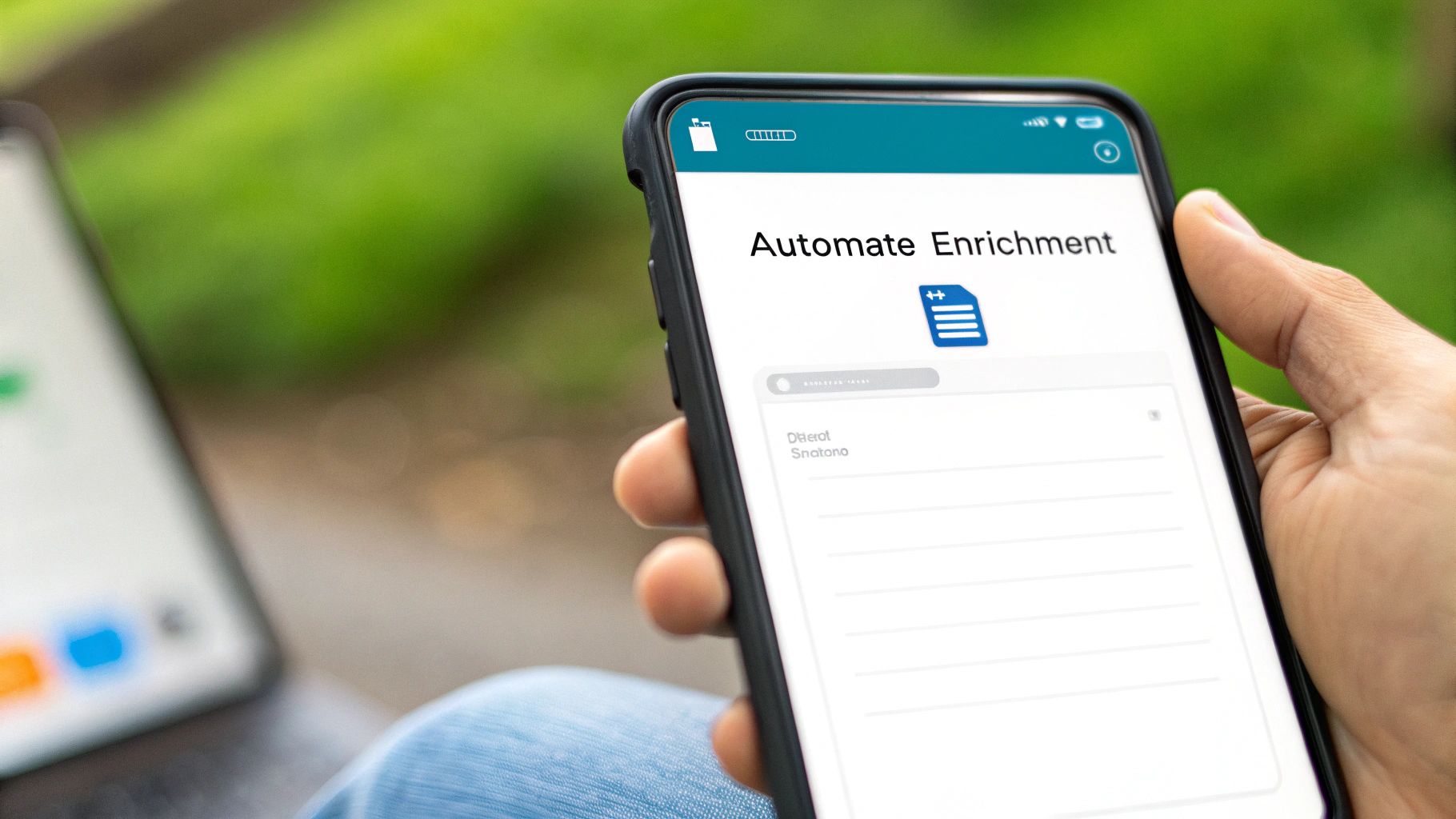 A hand holds a smartphone displaying 'Automate Enrichment' and a document icon, outdoors.