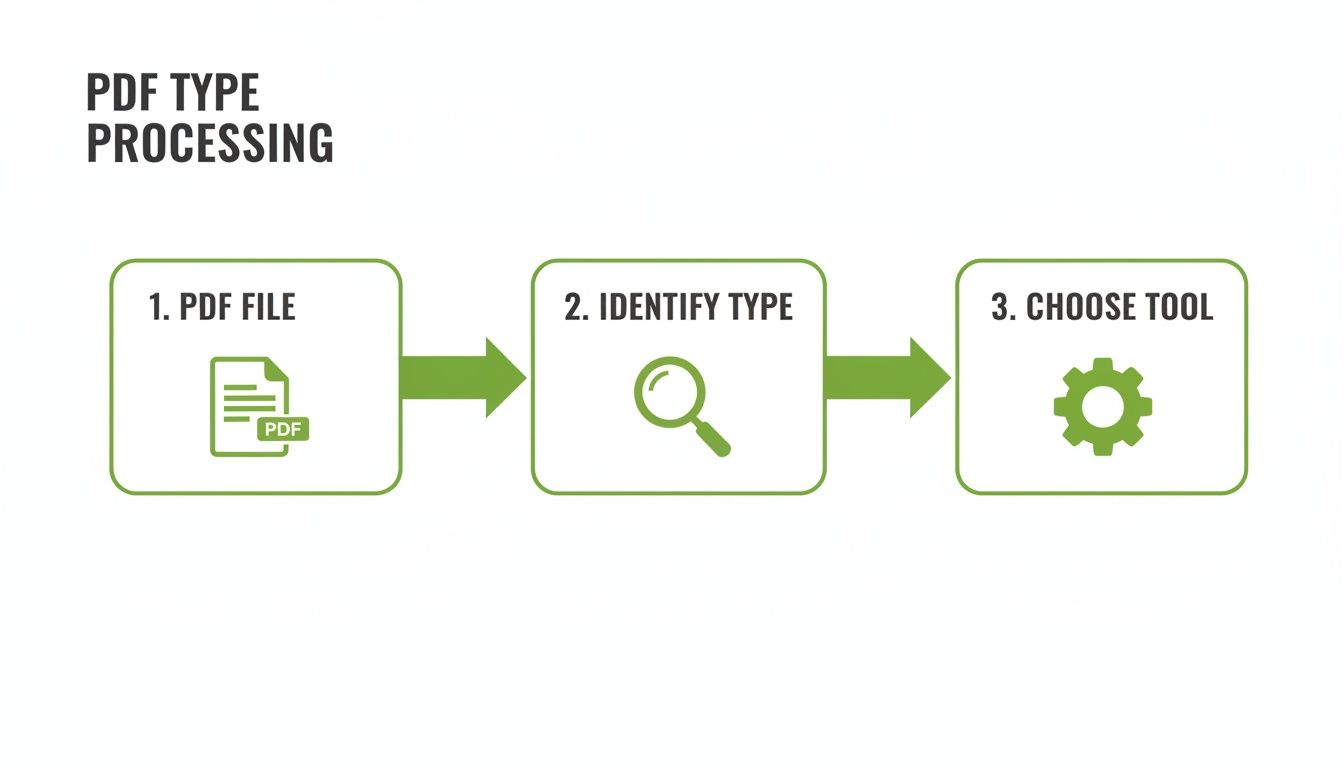 A three-step process diagram for PDF type processing: PDF file, identify type, choose tool.
