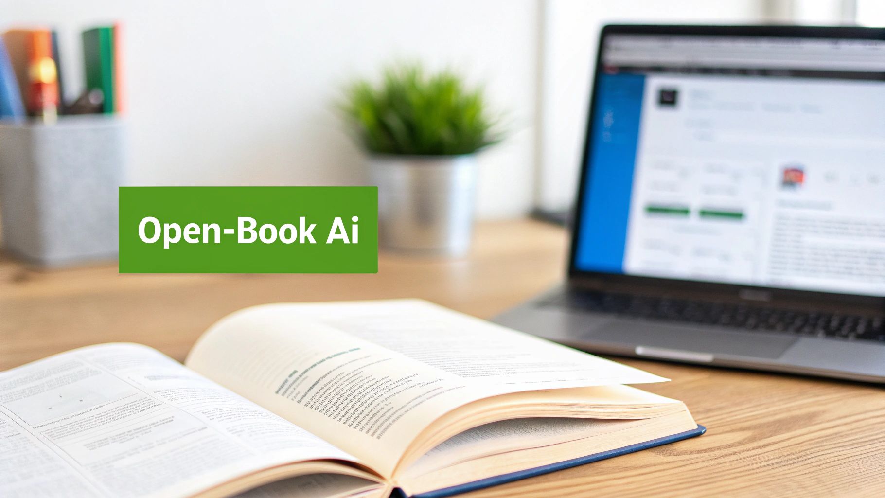 An open textbook rests on a wooden desk next to a blurred laptop, with a green banner displaying 'Open-Book Ai'.