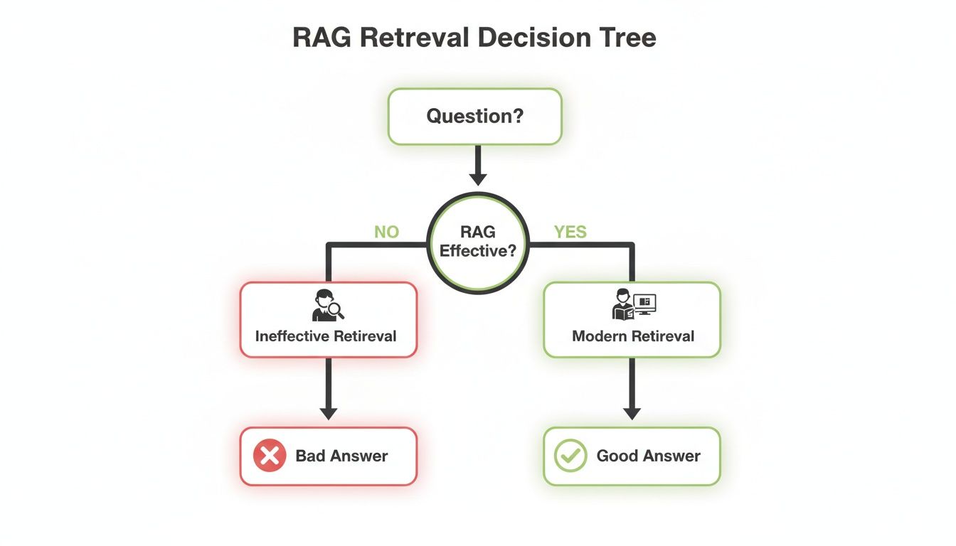 A RAG Retrieval Decision Tree flowchart illustrating the effectiveness of RAG leading to different answer outcomes.