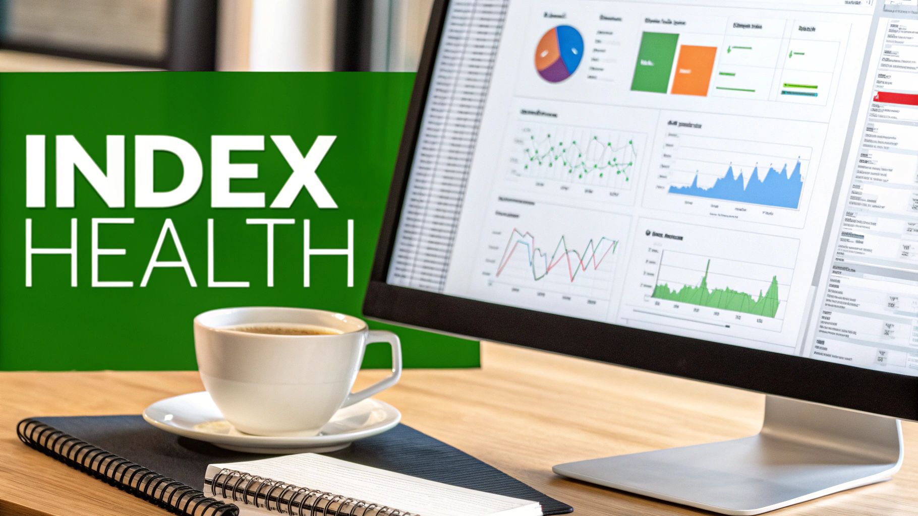 A desk setup with a computer monitor displaying various data charts, a coffee cup, and notebooks.