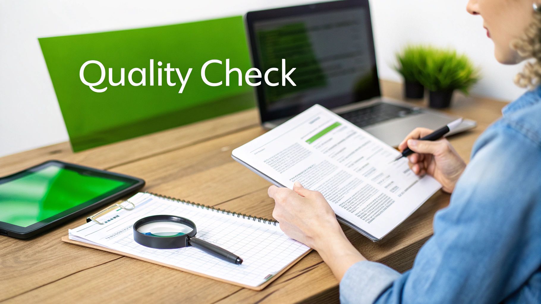 A person performs a quality check on documents with a pen, surrounded by technology on a desk.