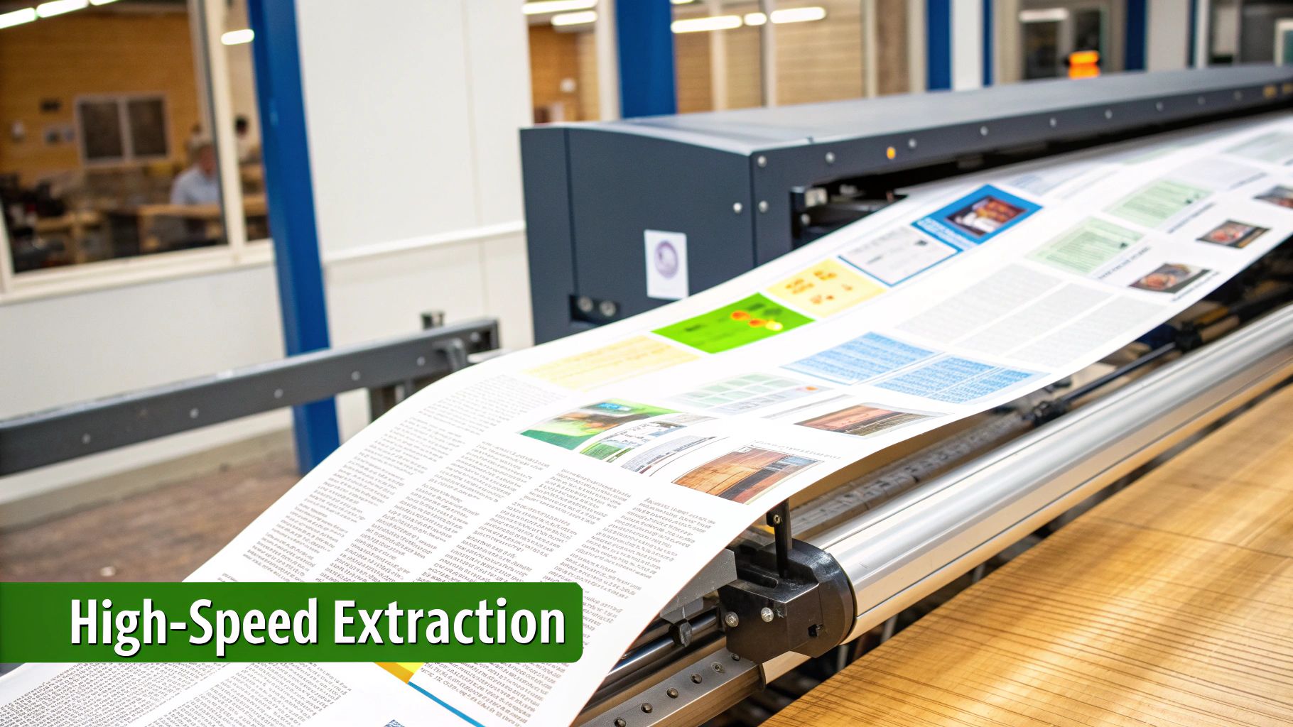 A large industrial printer is producing a long sheet of paper with various colorful layouts and text.