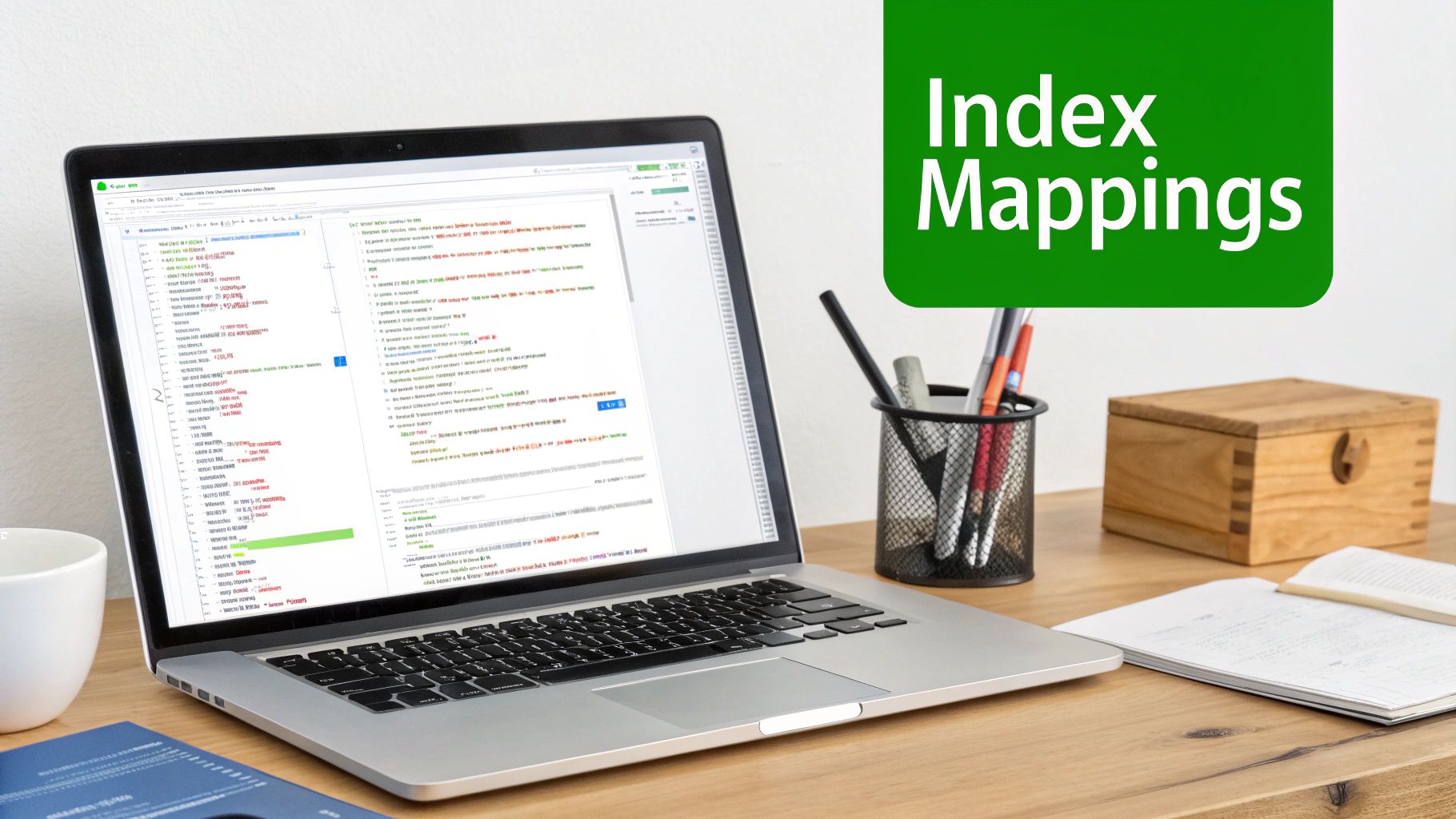 A workspace with a laptop displaying technical content and a "Index Mappings" title overlay.
