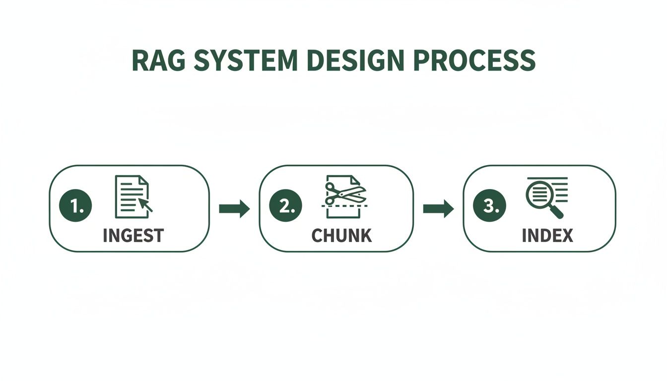 A diagram outlining the RAG system design process, depicting ingest, chunk, and index steps.