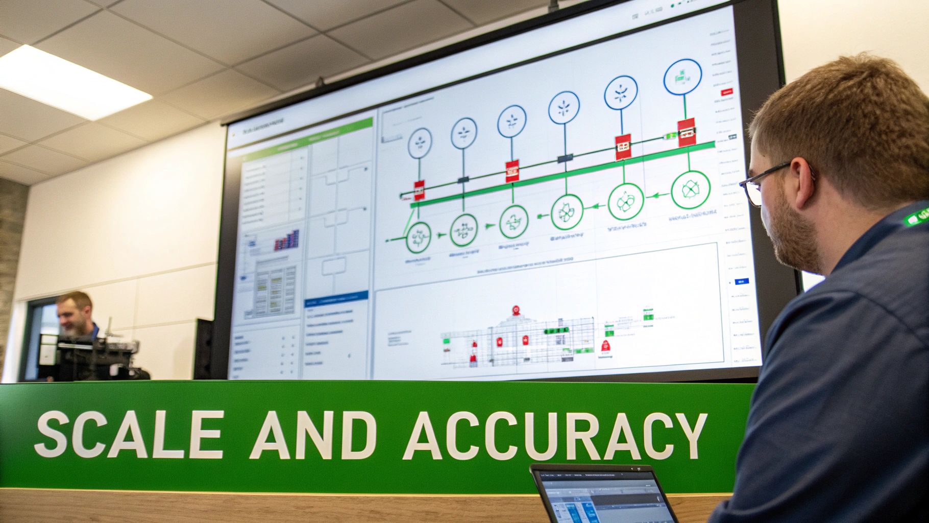 An engineer analyzes data on a large screen displaying technical diagrams and process flows.