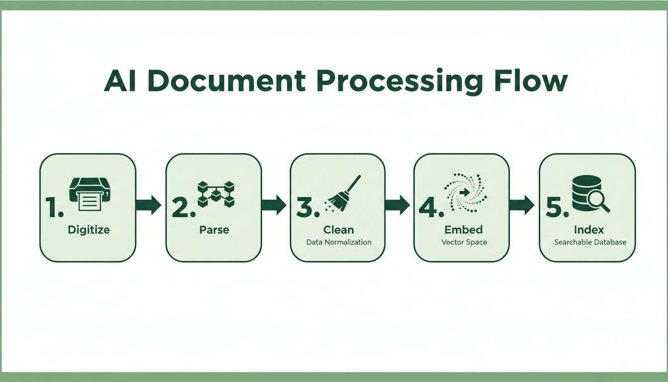 A flowchart showing 5 steps of AI document processing: Digitize, Parse, Clean, Embed, Index.