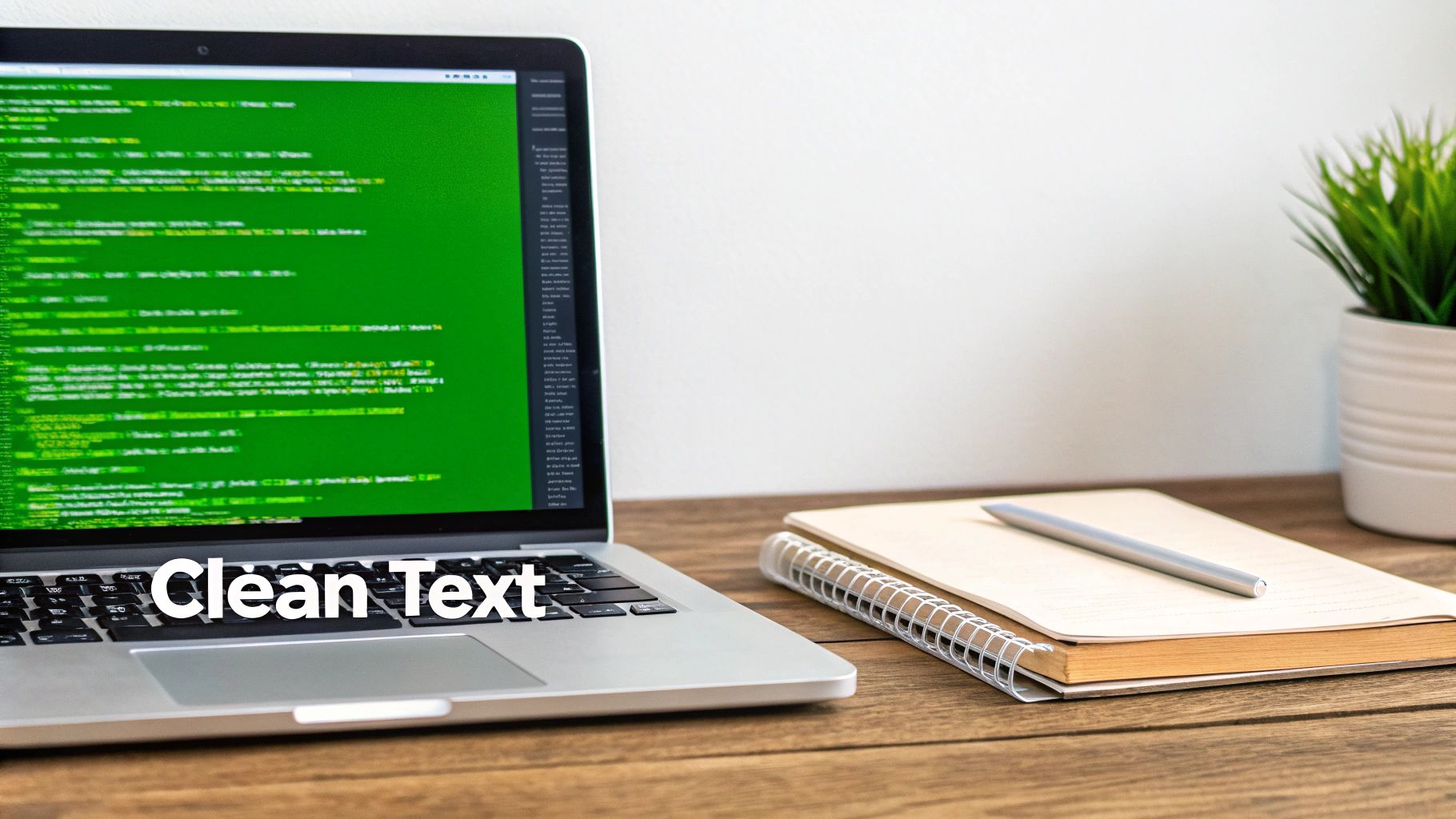 A laptop displaying green code on its screen, next to a notebook, pen, and plant on a wooden desk.