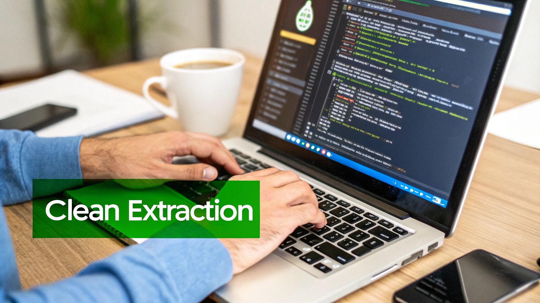 A person typing on a laptop displaying code, with a coffee cup and 'Clean Extraction' text.