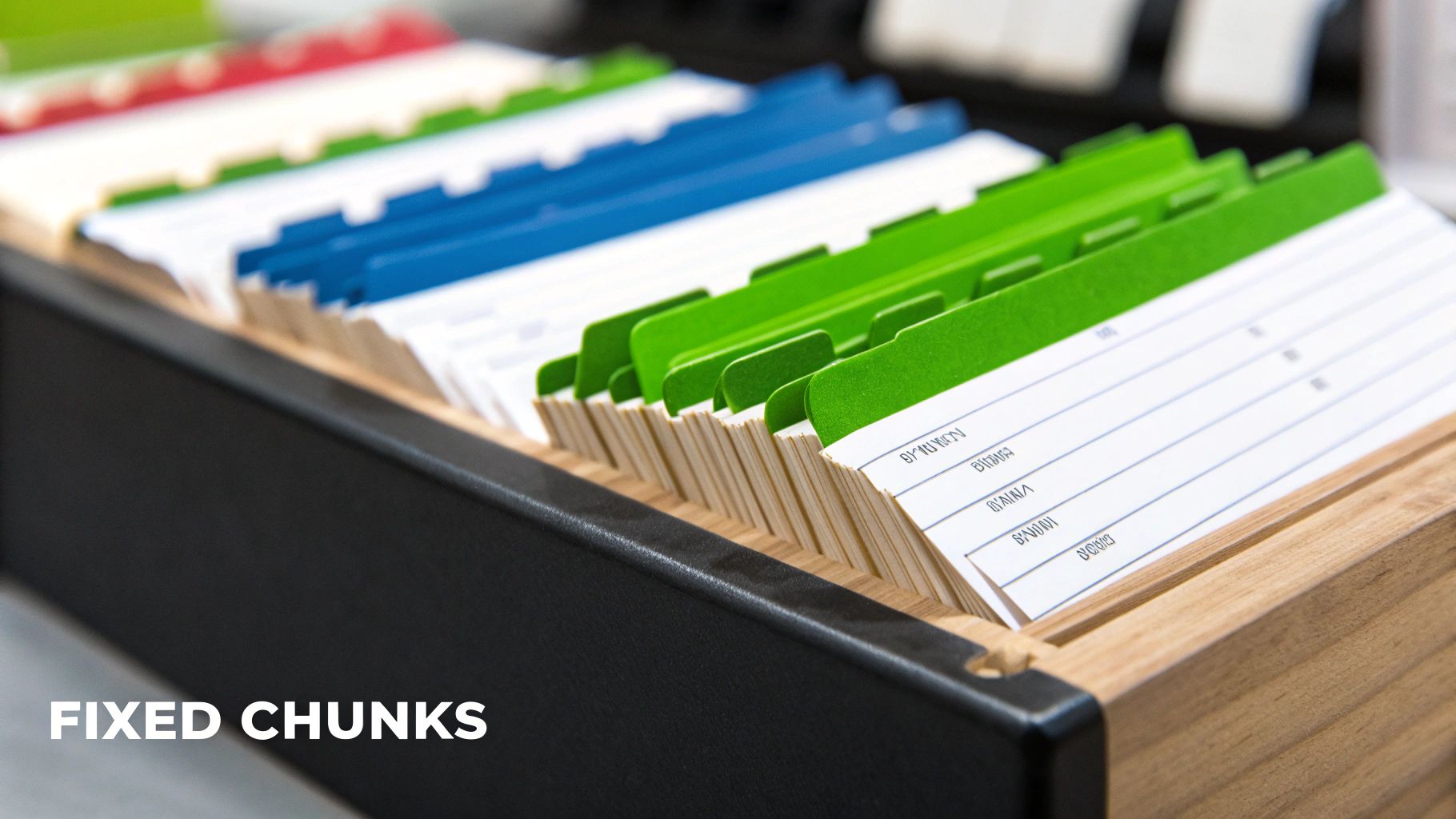 A close-up of a file organizer filled with colorful index card dividers.