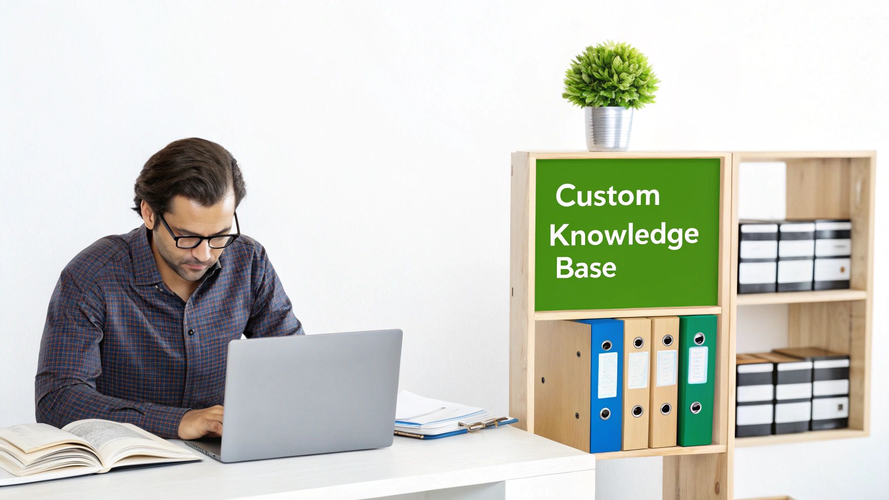 A man works on a laptop at a desk with an open book, next to a shelf displaying 'Custom Knowledge Base' and binders.