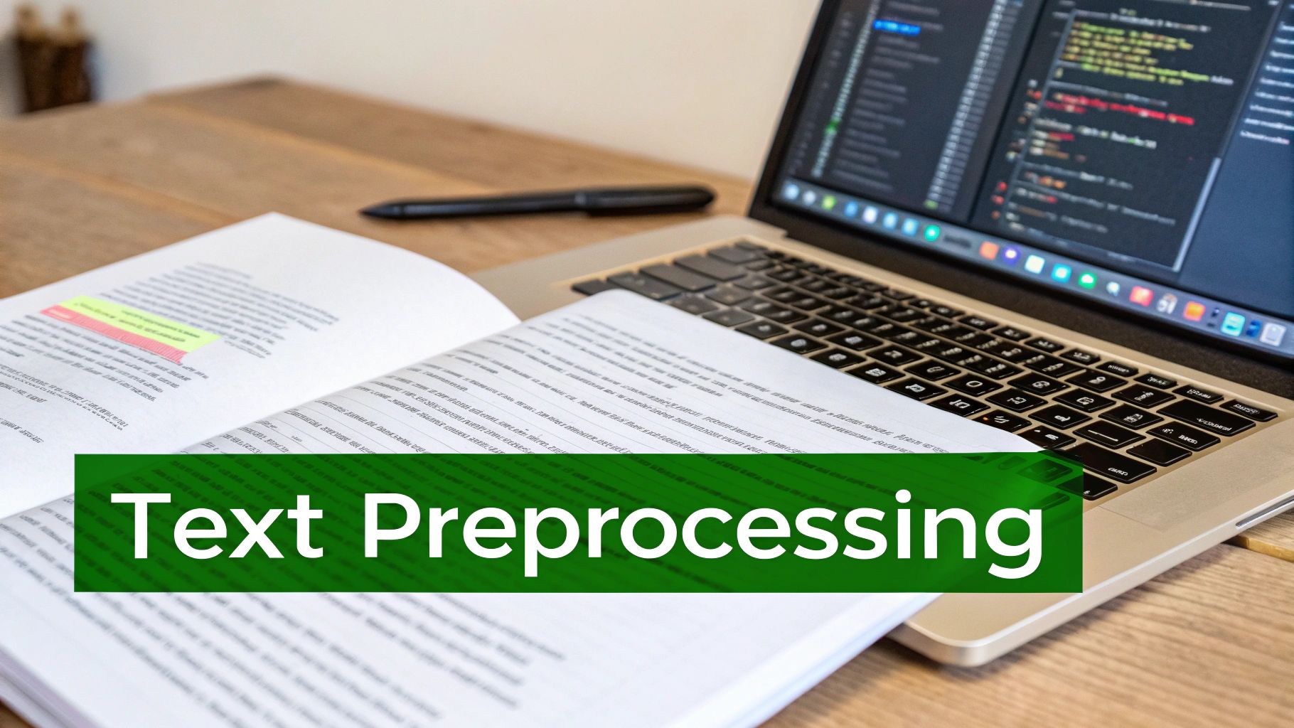 A close-up of a laptop, an open book with highlighted text, and a pen on a wooden desk, with "Text Preprocessing" overlaid.