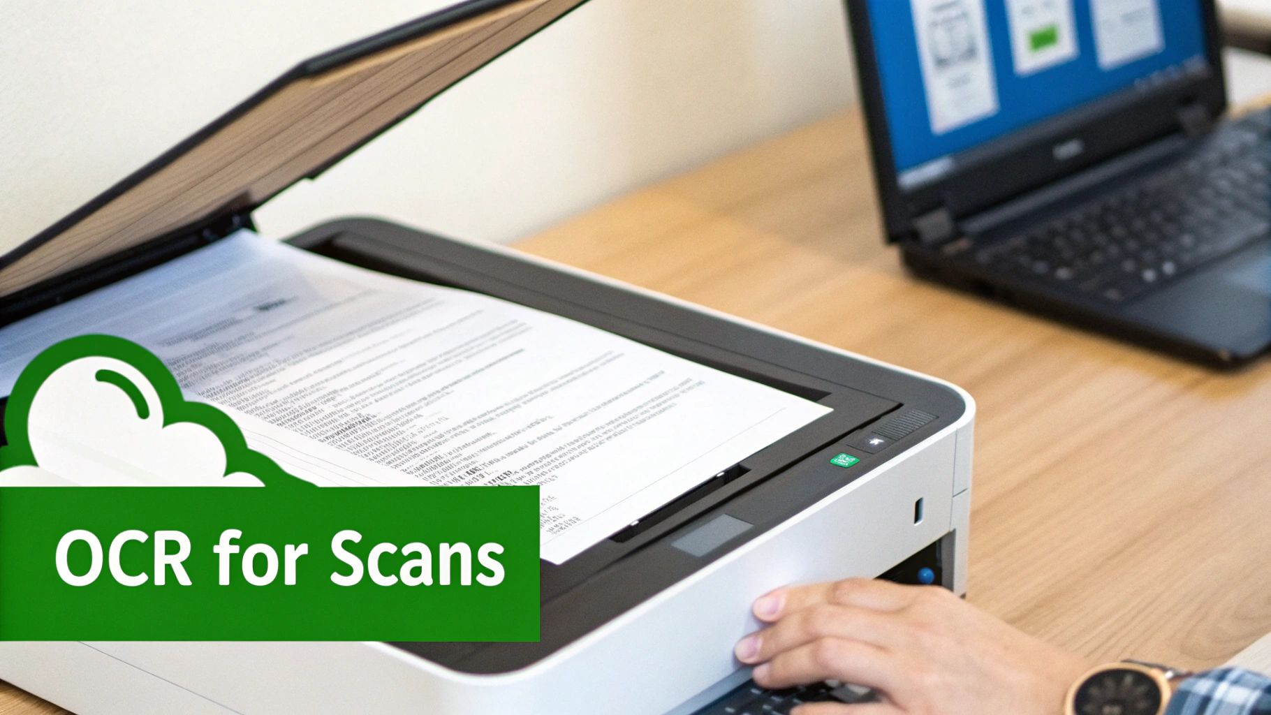 A person scans a document using a flatbed scanner, with a laptop nearby, highlighting OCR for scans.