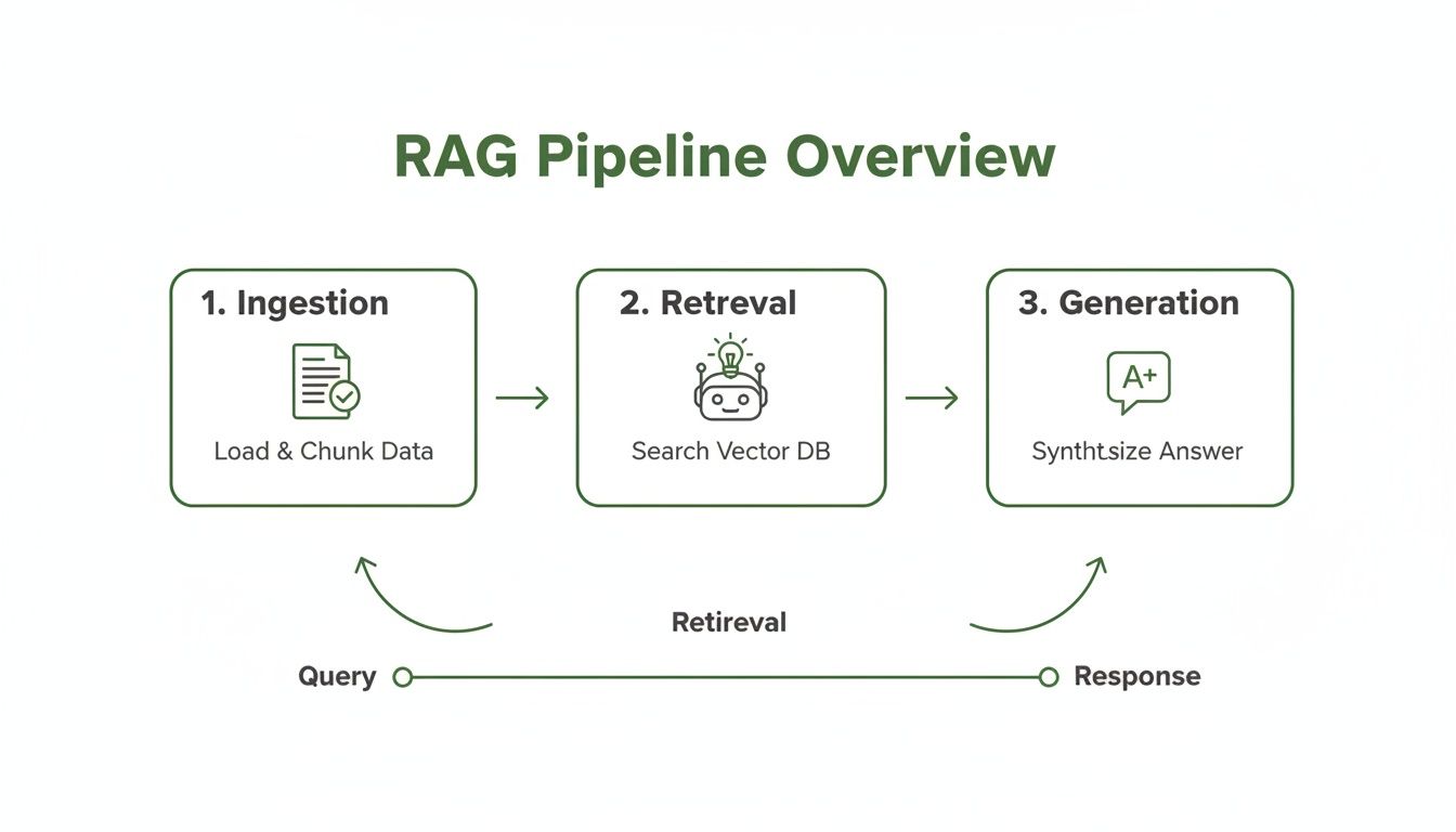 A RAG Pipeline Overview diagram illustrating Ingestion, Retrieval, and Generation steps with a query-response flow.