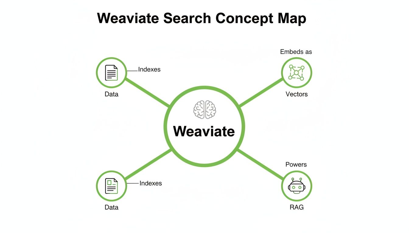 A concept map showing Weaviate at its core, connecting to data indexing, vector embeddings, and powering RAG.