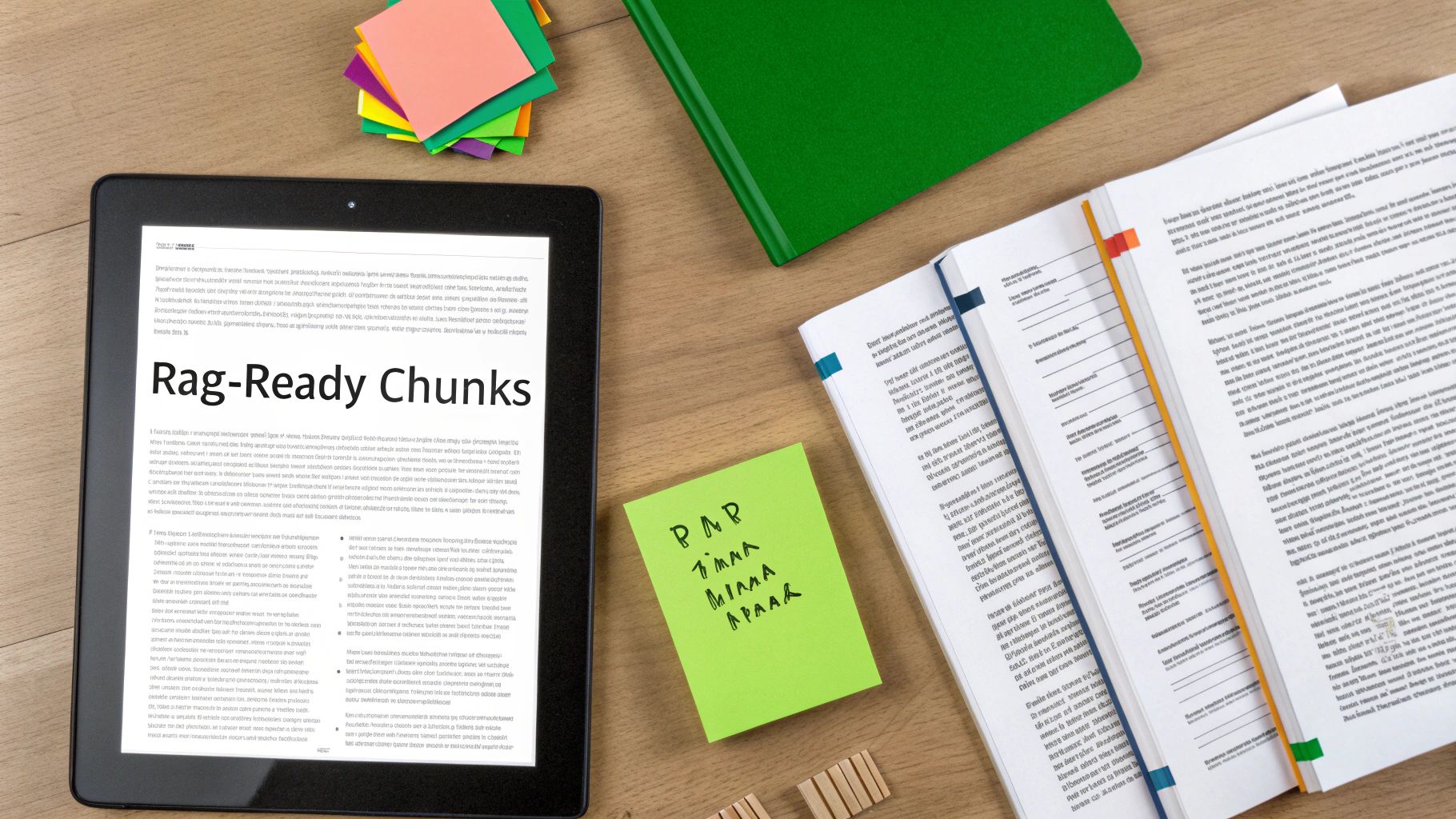 A flat lay of a study desk with a tablet displaying 'Rag-Ready Chunks', an open book, and notes.