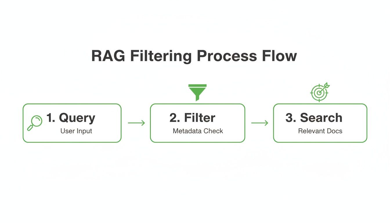 A diagram illustrating the RAG Filtering Process Flow with steps: Query, Filter, and Search for relevant documents.
