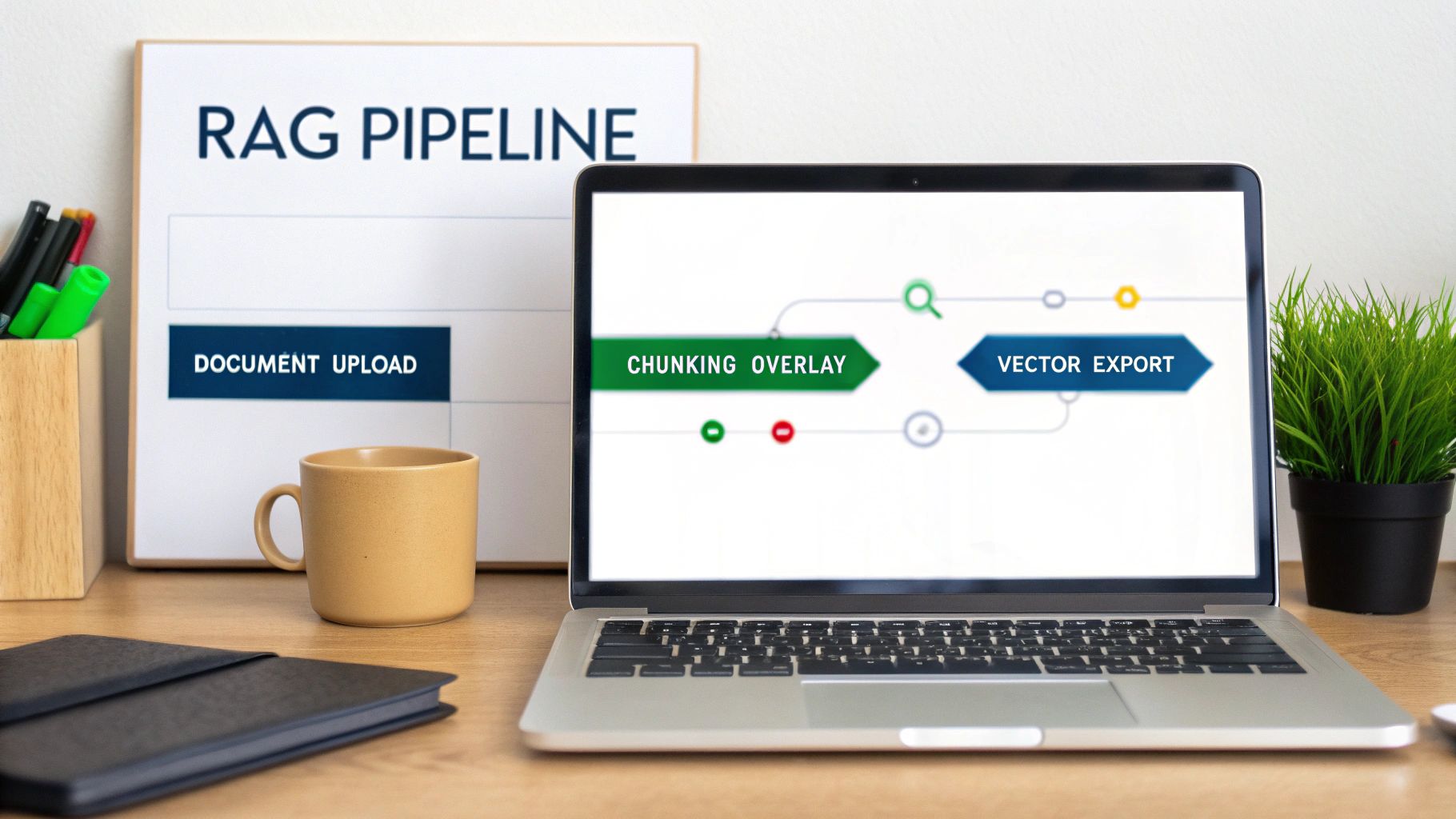 A desk setup featuring a laptop displaying a data pipeline, a whiteboard with "RAG PIPELINE", and office items.