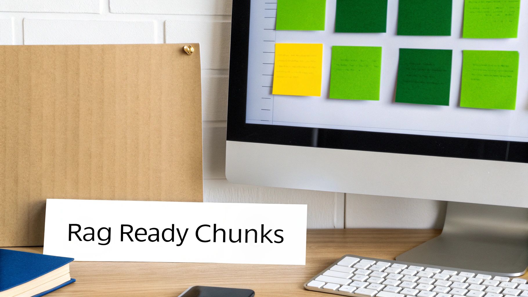 A desk setup with a computer displaying colorful sticky notes, a sign, a book, and a keyboard.
