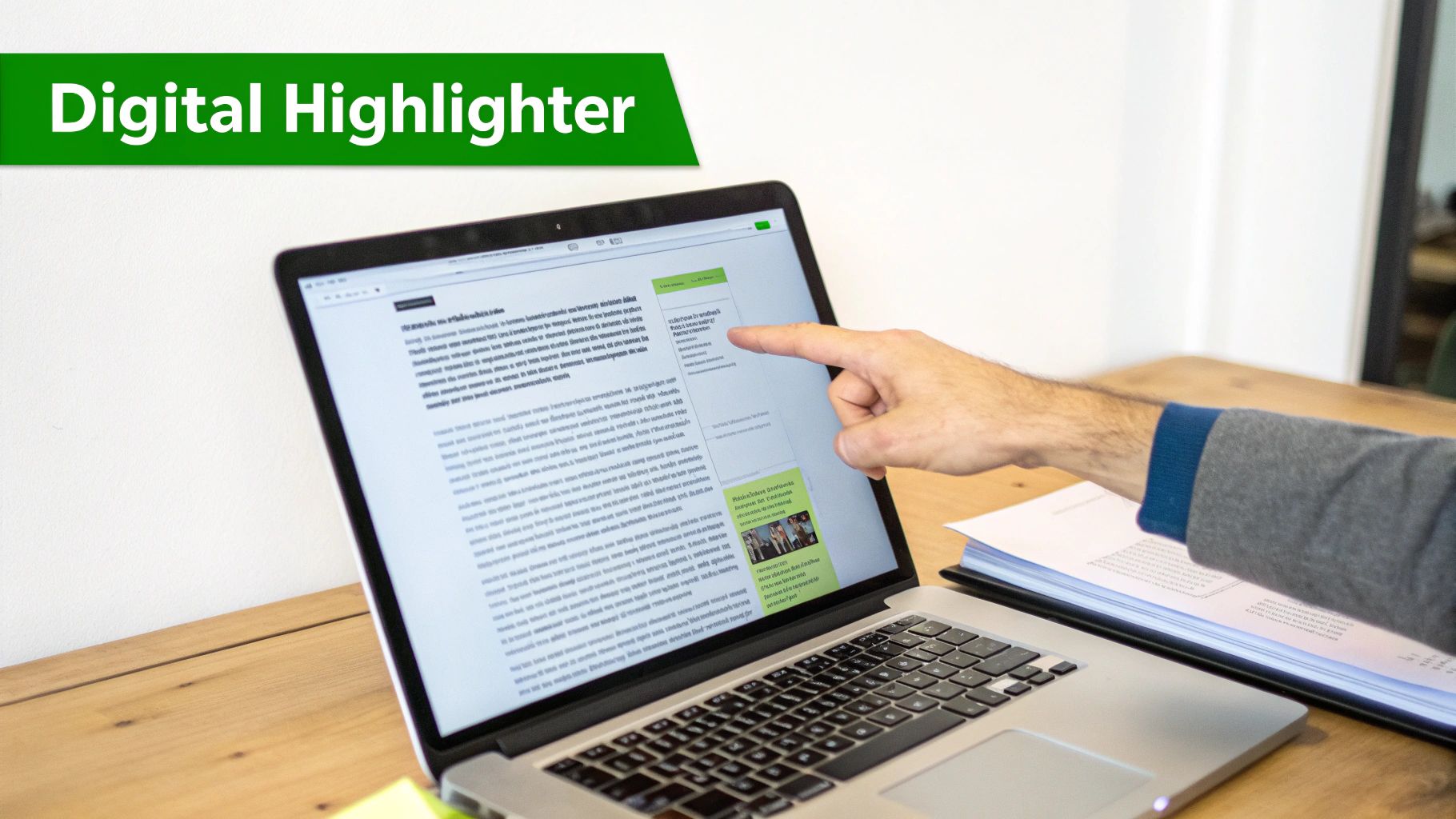 Person pointing at text on a laptop screen, emphasizing a digital highlighter tool for online content.