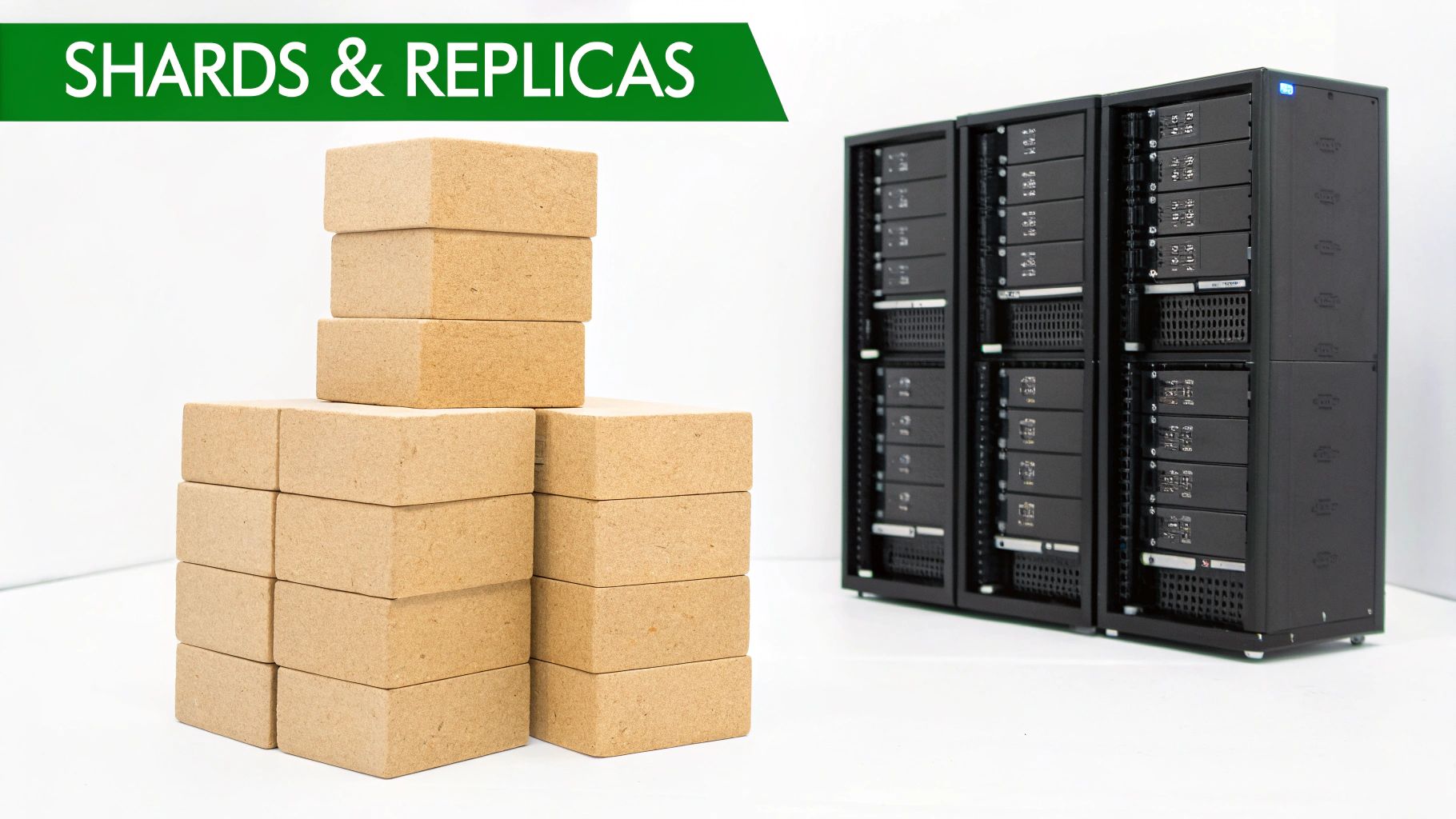Two stacks of rectangular blocks illustrating data shards and replicas, next to server cabinets.