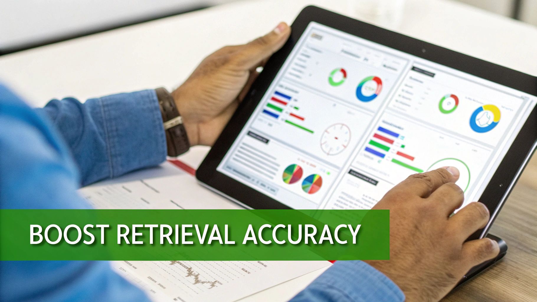 A person's hands interact with a tablet displaying data dashboards and charts, optimizing retrieval accuracy.