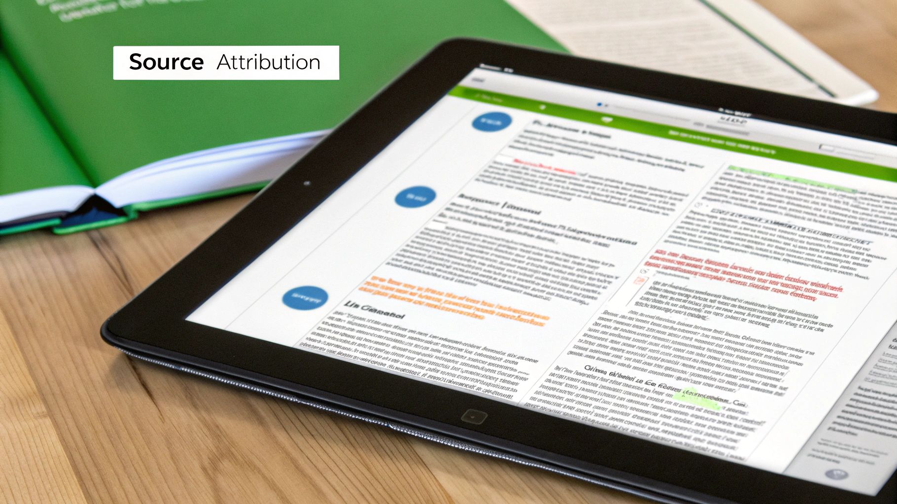 A close-up of a tablet displaying a document with text and icons, next to an open green book on a wooden desk.