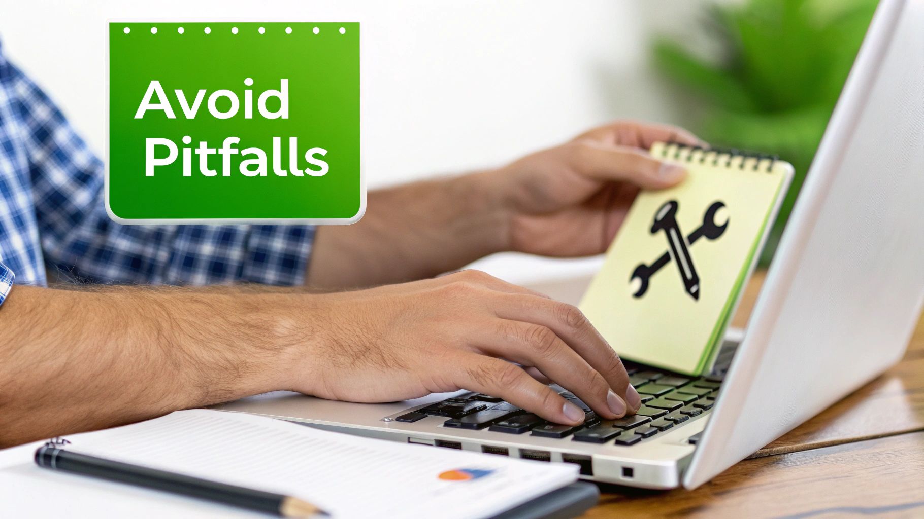 A person works on a laptop, holding a notebook with tool icons, next to an 'Avoid Pitfalls' sign.