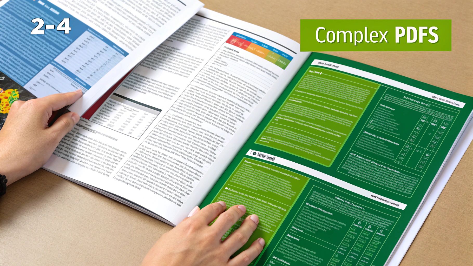 A person's hands holding an open book with complex layouts and green-themed pages.