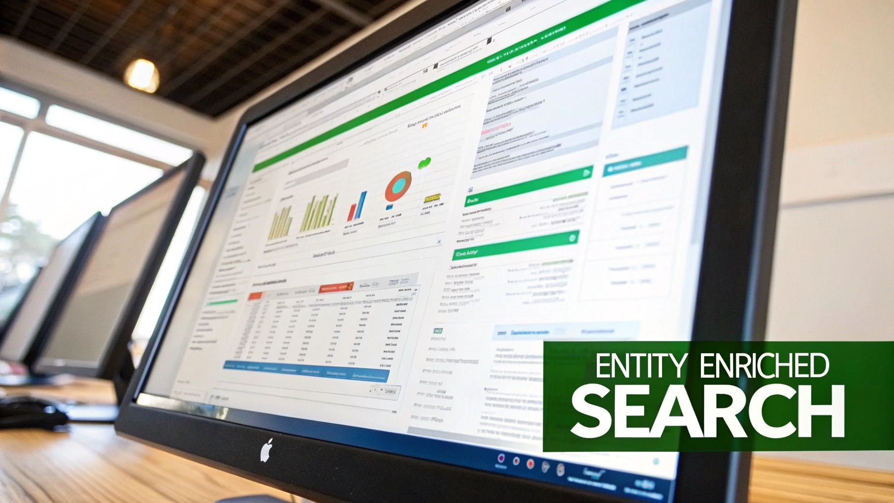 A computer monitor displays a data analysis dashboard with charts and an 'ENTITY ENRICHED SEARCH' overlay.