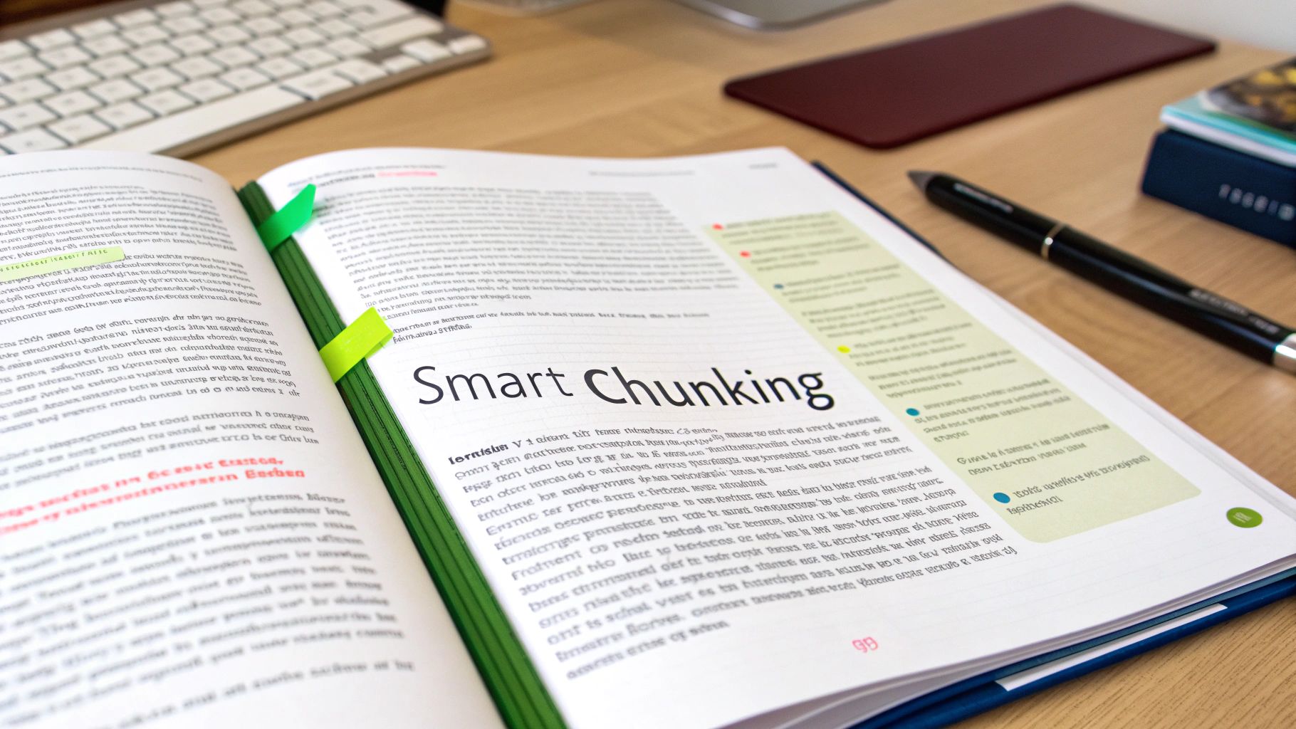 An open textbook on a wooden desk with a pen and sticky notes, showing a page titled 'Smart Chunking'.