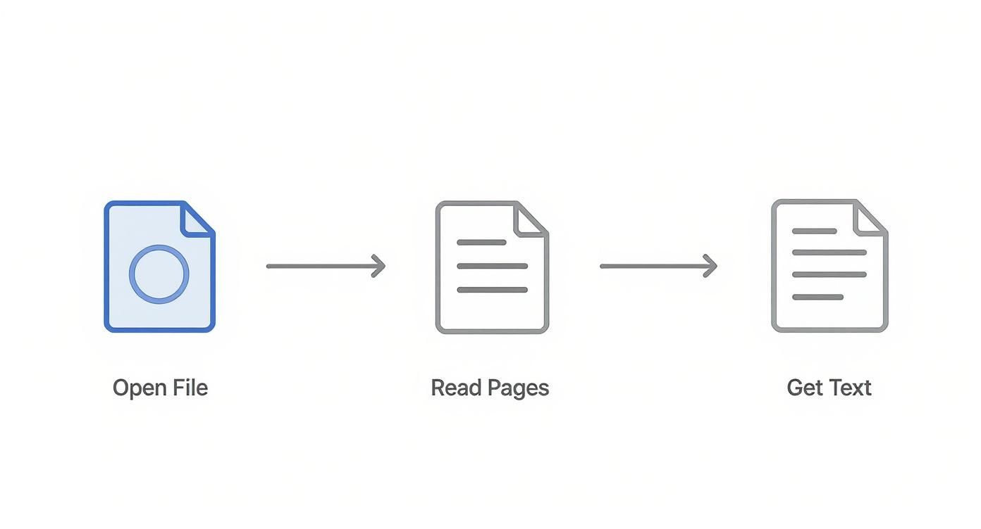 A flowchart illustrates the process of opening a file, reading its pages, and extracting text.