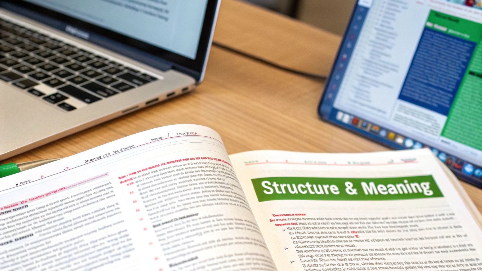 An open textbook titled 'Structure & Meaning' on a wooden desk with a laptop and tablet.