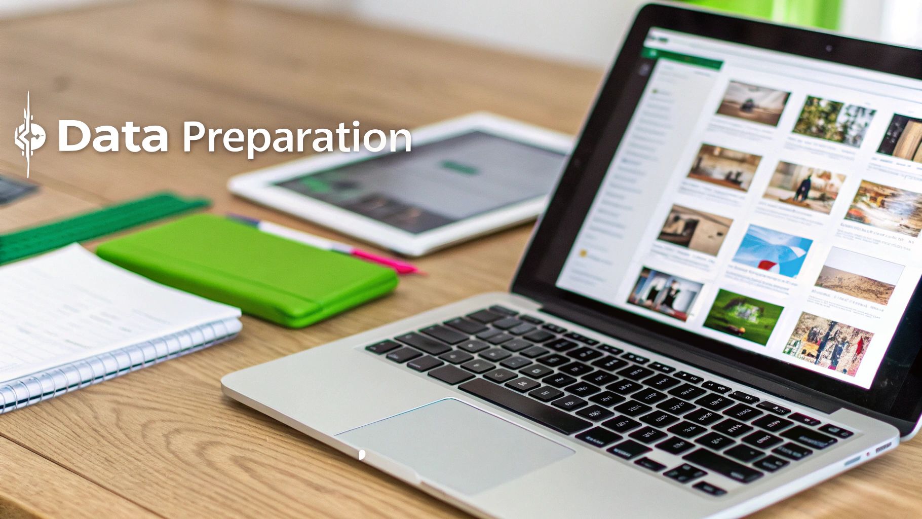 A close-up of a laptop and desk with 'Data Preparation' text, showing digital tools and notebooks.