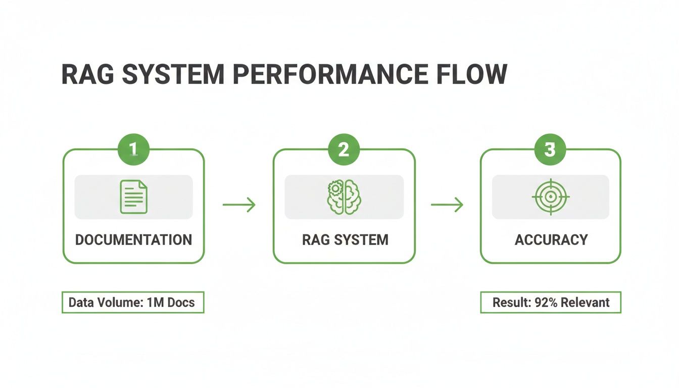 Flowchart illustrating RAG system performance, showing documentation input, the RAG system, and accuracy results.