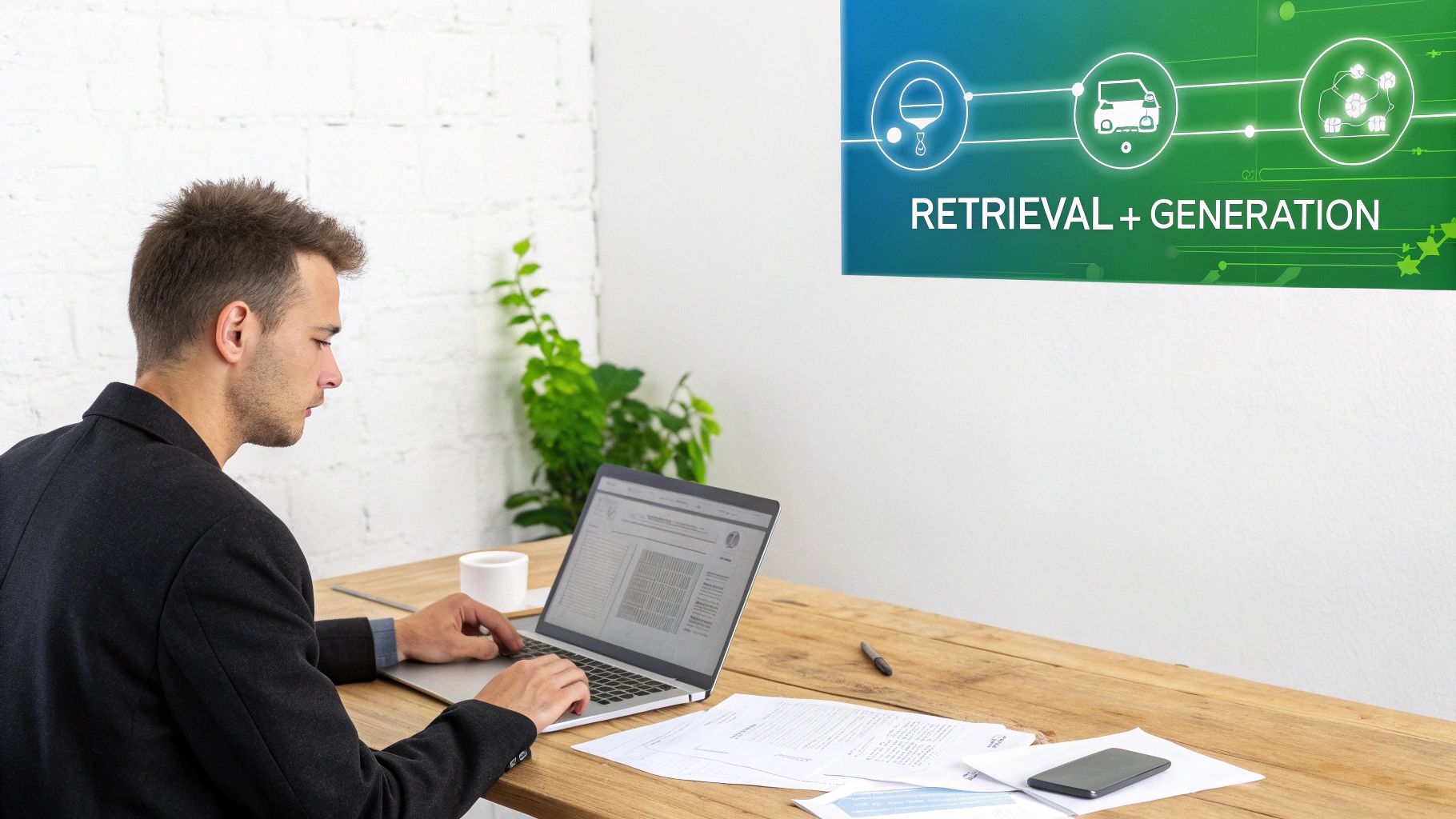 A man works on a laptop at a desk, with 'RETRIEVAL + GENERATION' displayed on a screen.