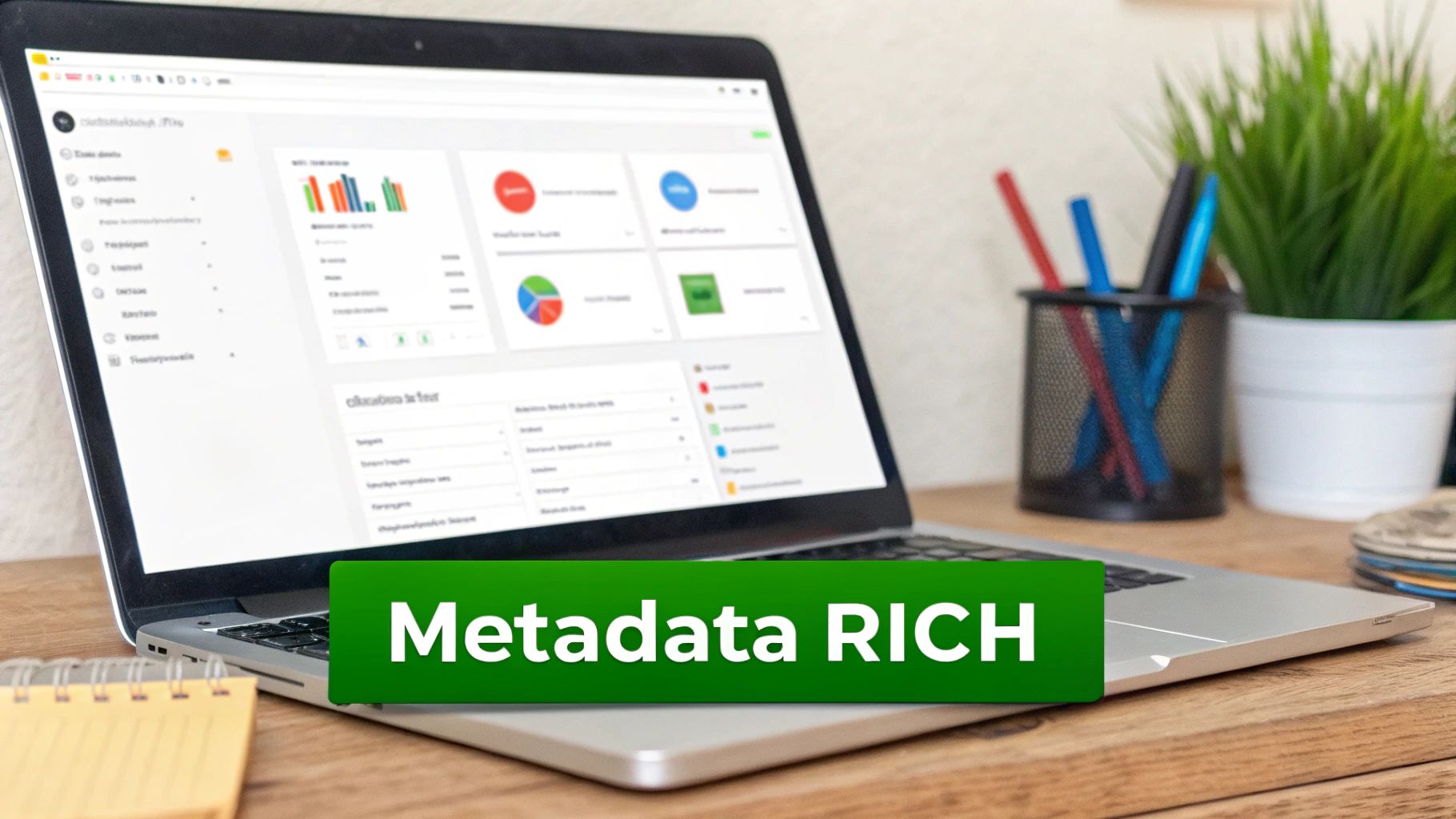 Laptop on a wooden desk displaying data dashboards with charts, alongside a 'Metadata RICH' banner.