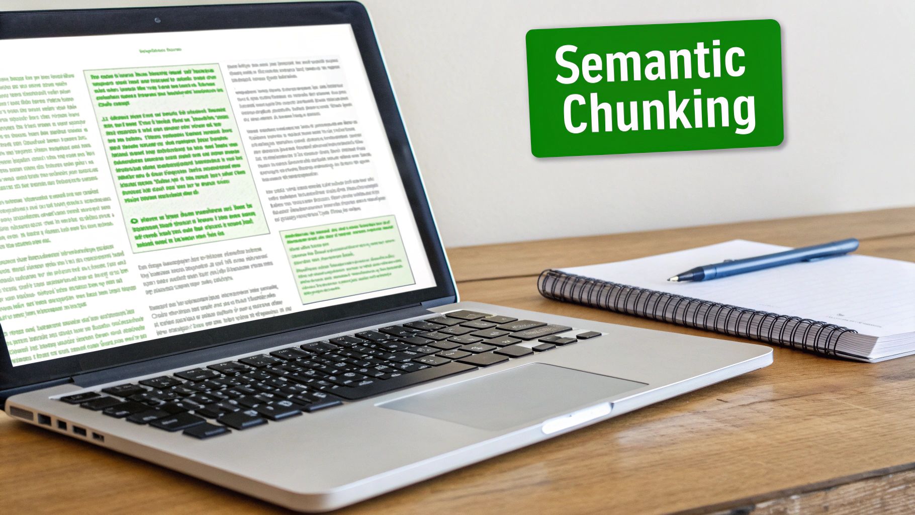 A laptop displaying text on a wooden desk, with a green 'Semantic Chunking' sign and a notebook.